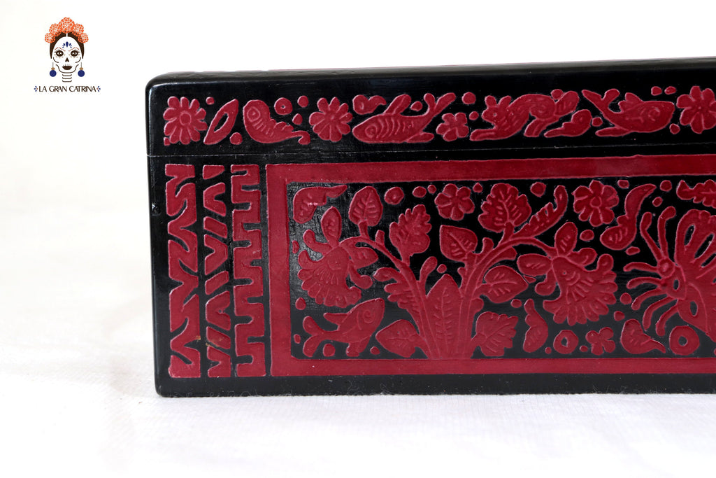 Red Olinalá Handcrafted Box with Traditional Floral Design - 12.9 in. Olinala