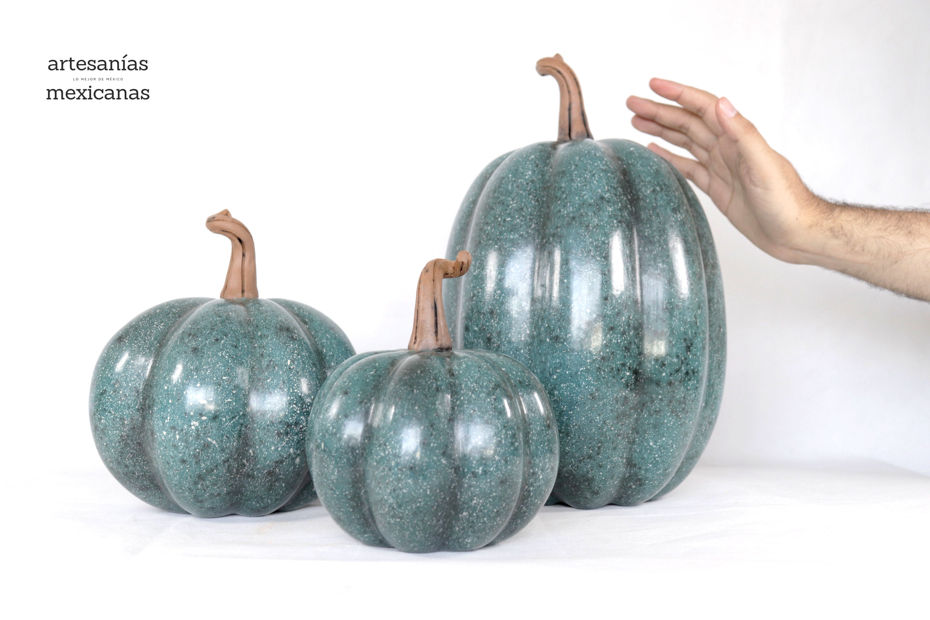 Set 3 Pumpkins Handcrafted Turquoise Marbled 14.1 in. Trejo