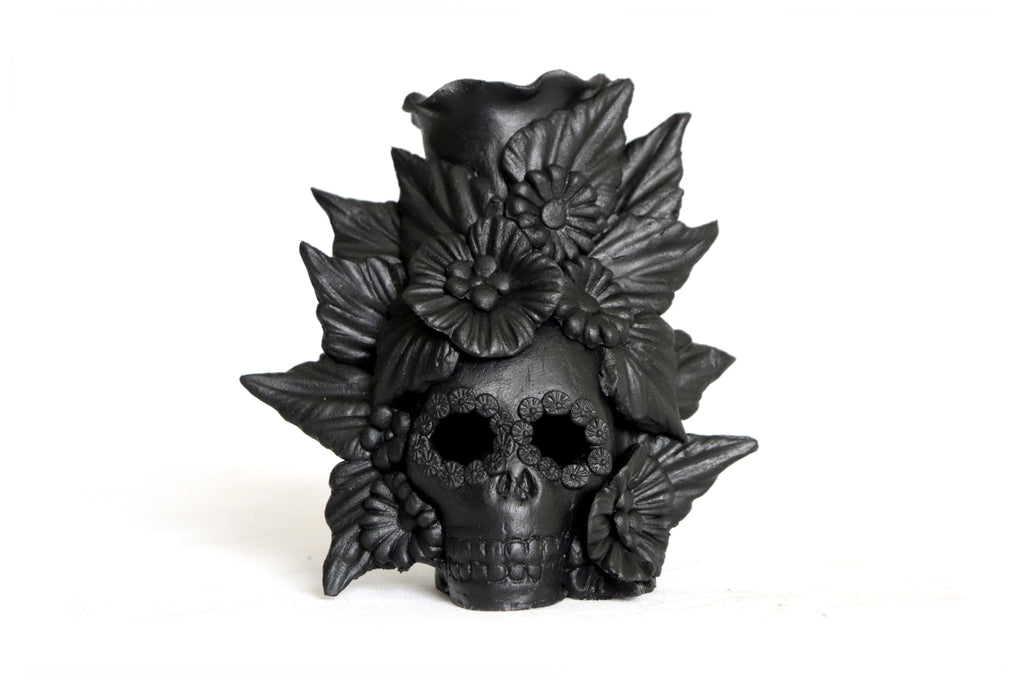 Set 3 Skulls Blacks with Flowers Clay 5.7 in. Brenda Capula