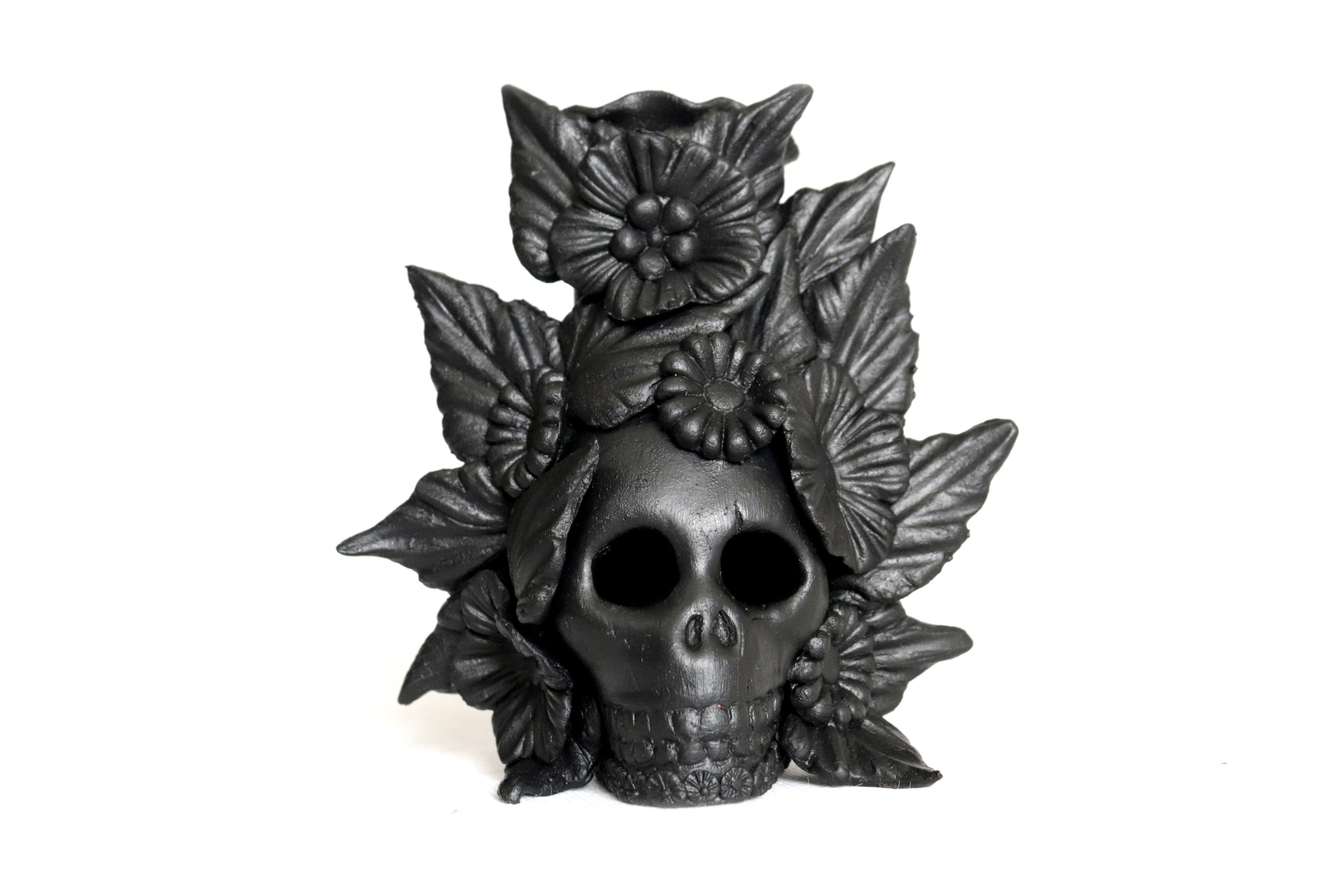 Set 3 Skulls Blacks with Flowers Clay 5.7 in. Brenda Capula