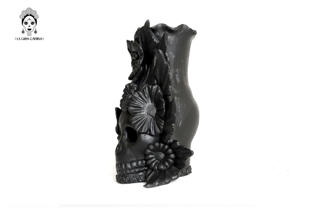 Set 3 Skulls Blacks with Flowers Clay 5.7 in. Brenda Capula