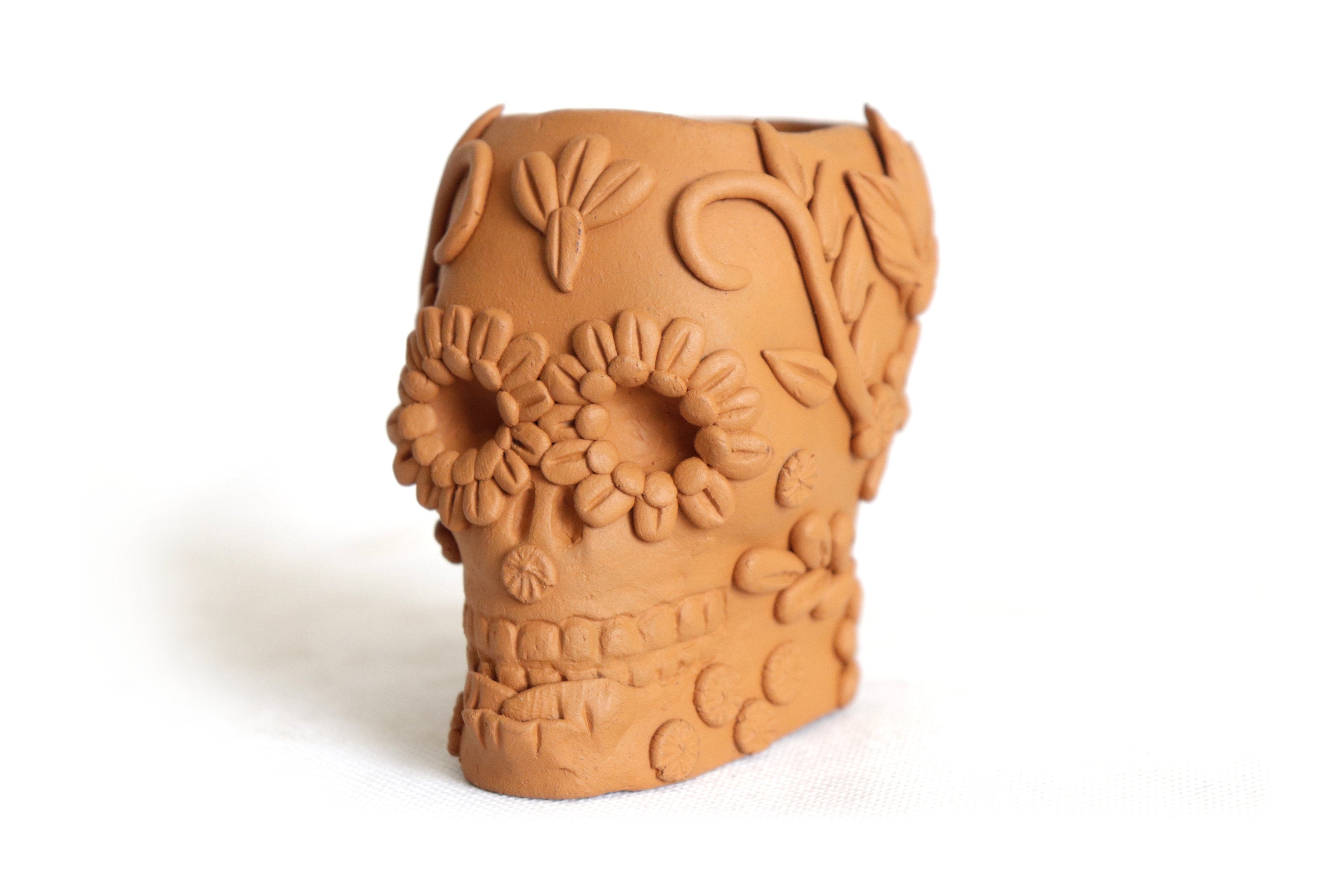 Planter al natural clay chica of Skull Style Catrina Brenda Capula