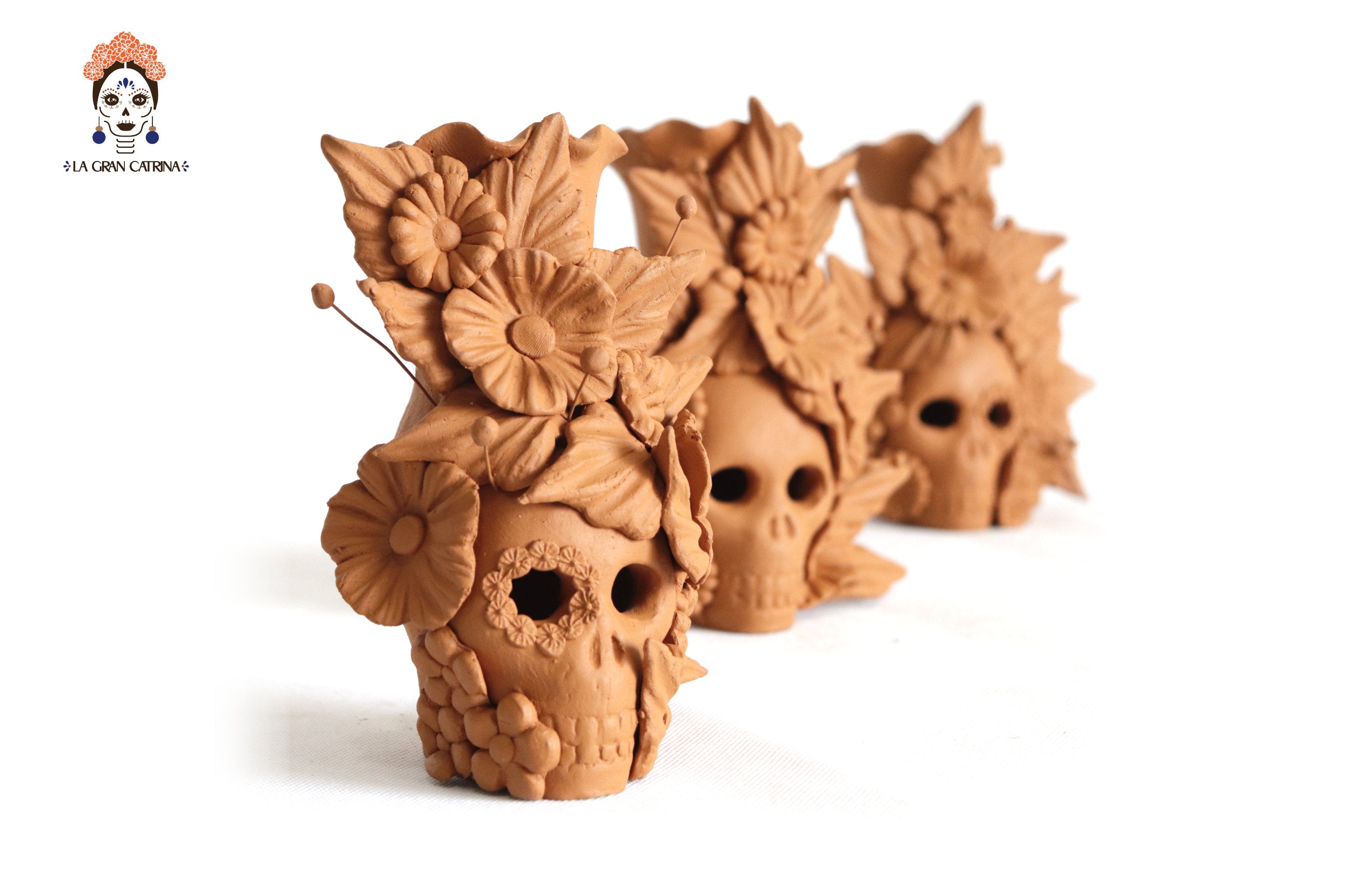Set 3 Candleholder Natural Clay Flowers Relieve 5.5 in. Brenda Capula