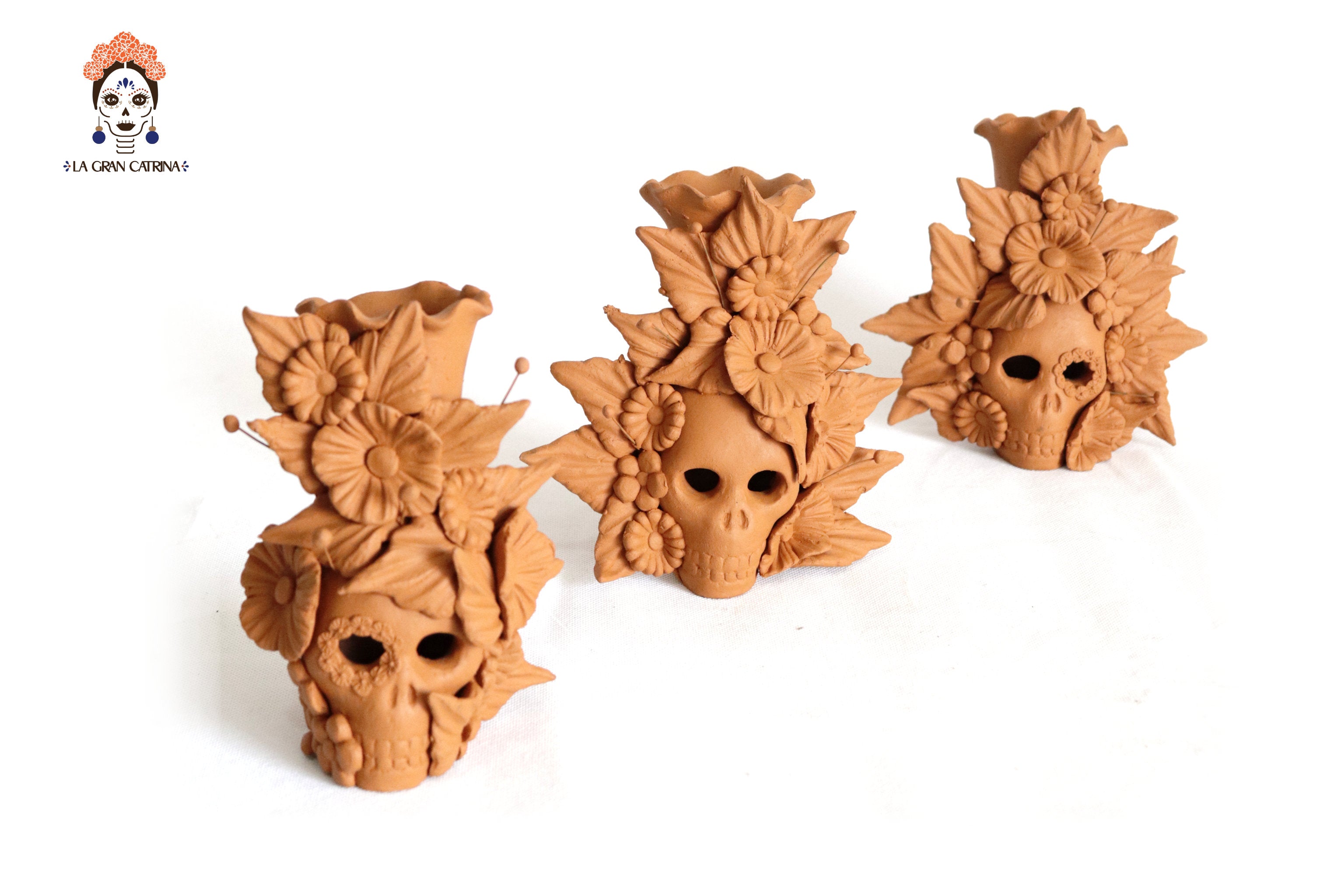 Set 3 Candleholder Natural Clay Flowers Relieve 5.5 in. Brenda Capula