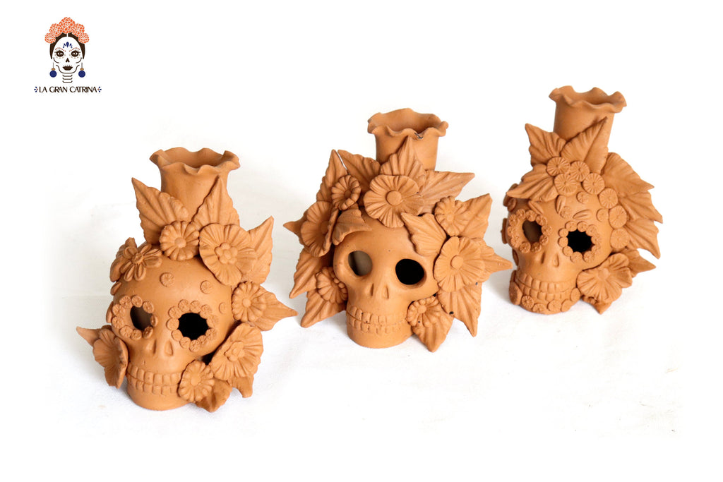 Trio of candleholders medium orange Day of the Dead for 1 Candle Brenda Capula