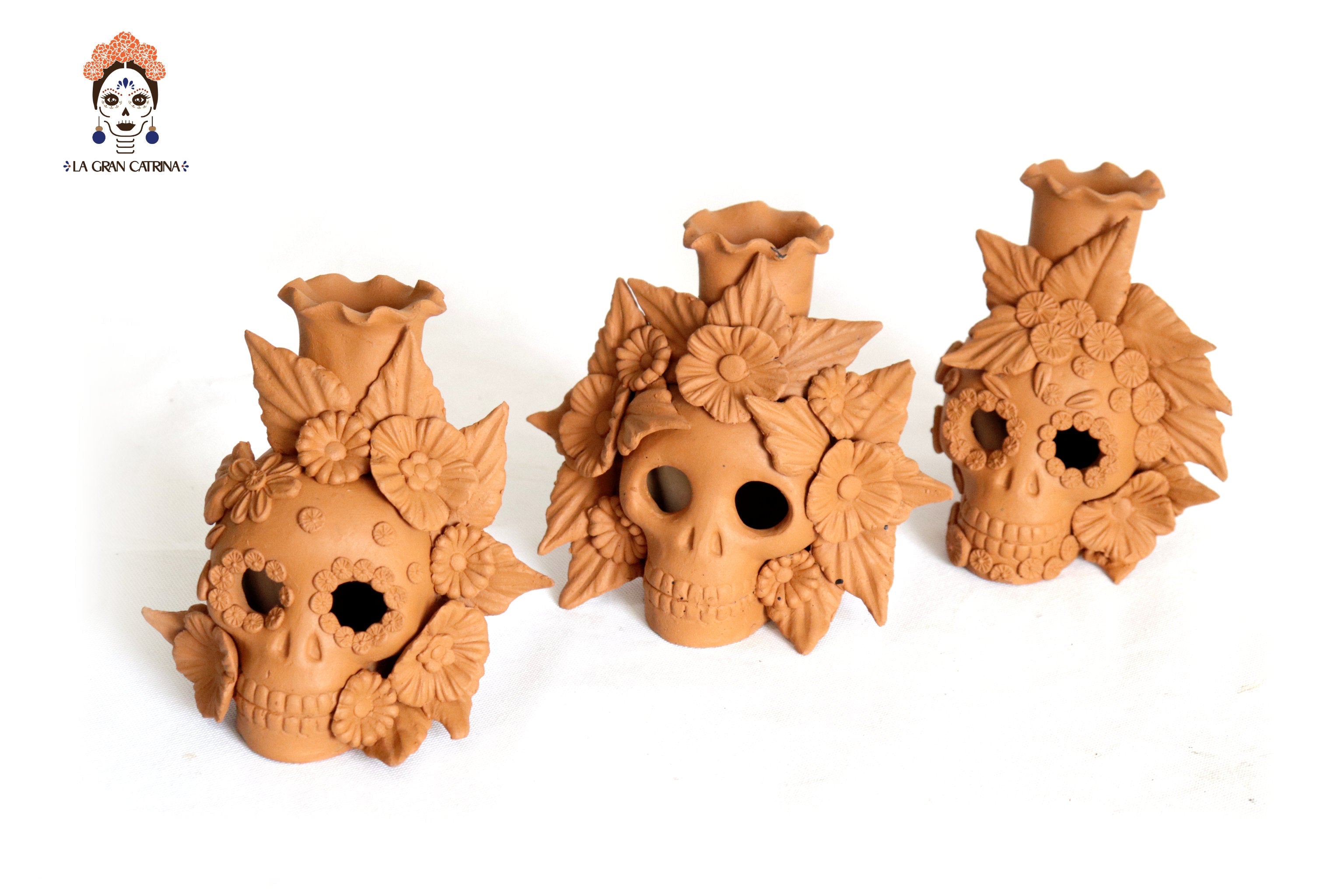 Trio of candleholders medium orange Day of the Dead for 1 Candle Brenda Capula