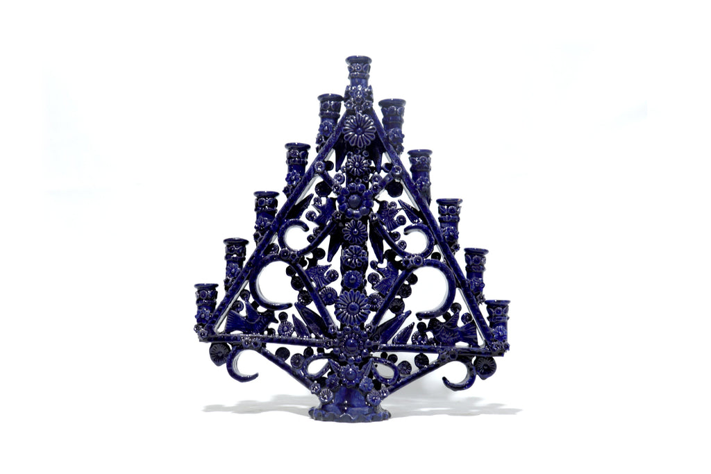 Candleholder Triangular Blue 11-Candle - Glazed Clay - 20 in. Tereri