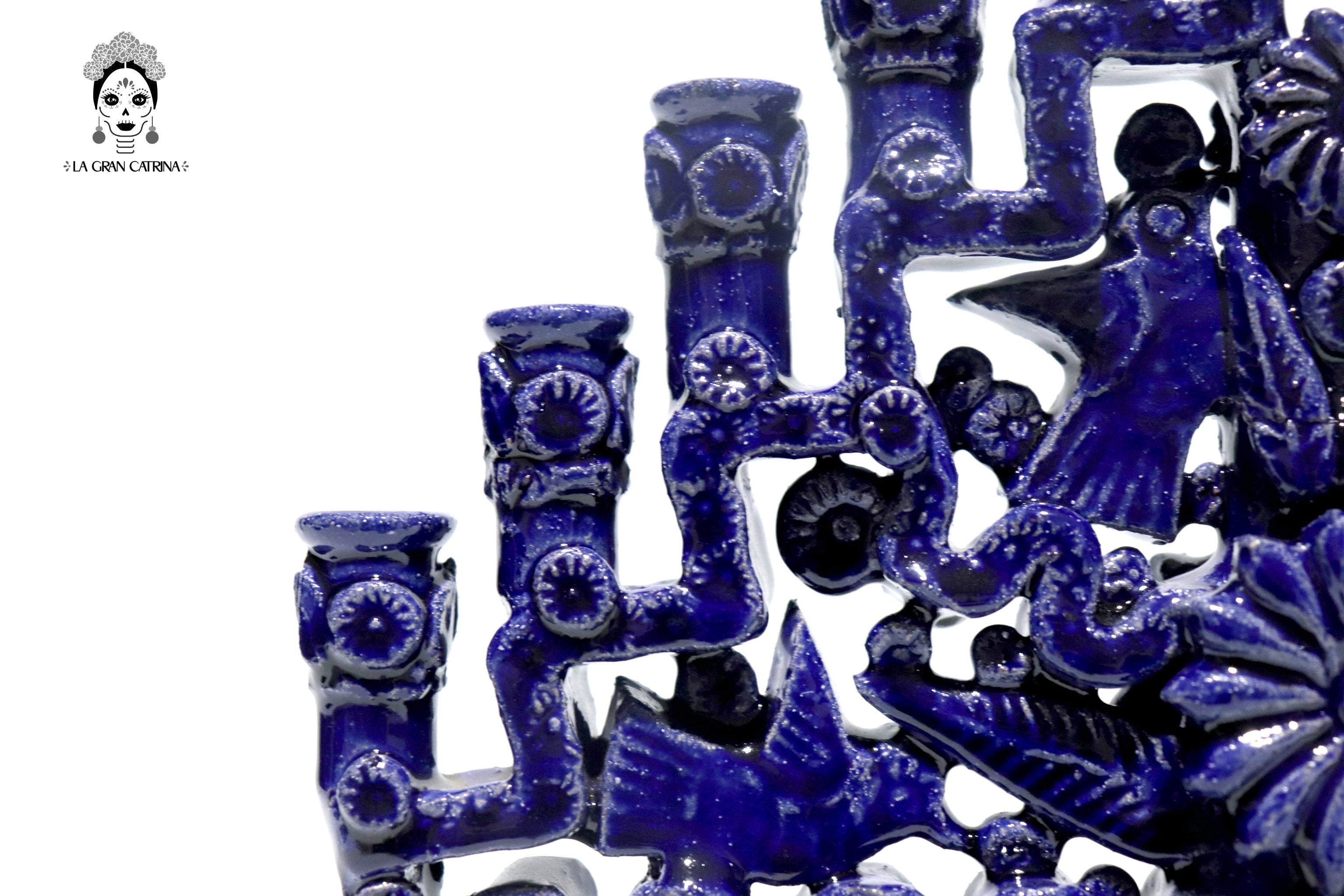 Candleholder Blue 11-Candle - Glazed Clay - 13 in. - in. Production Tereri