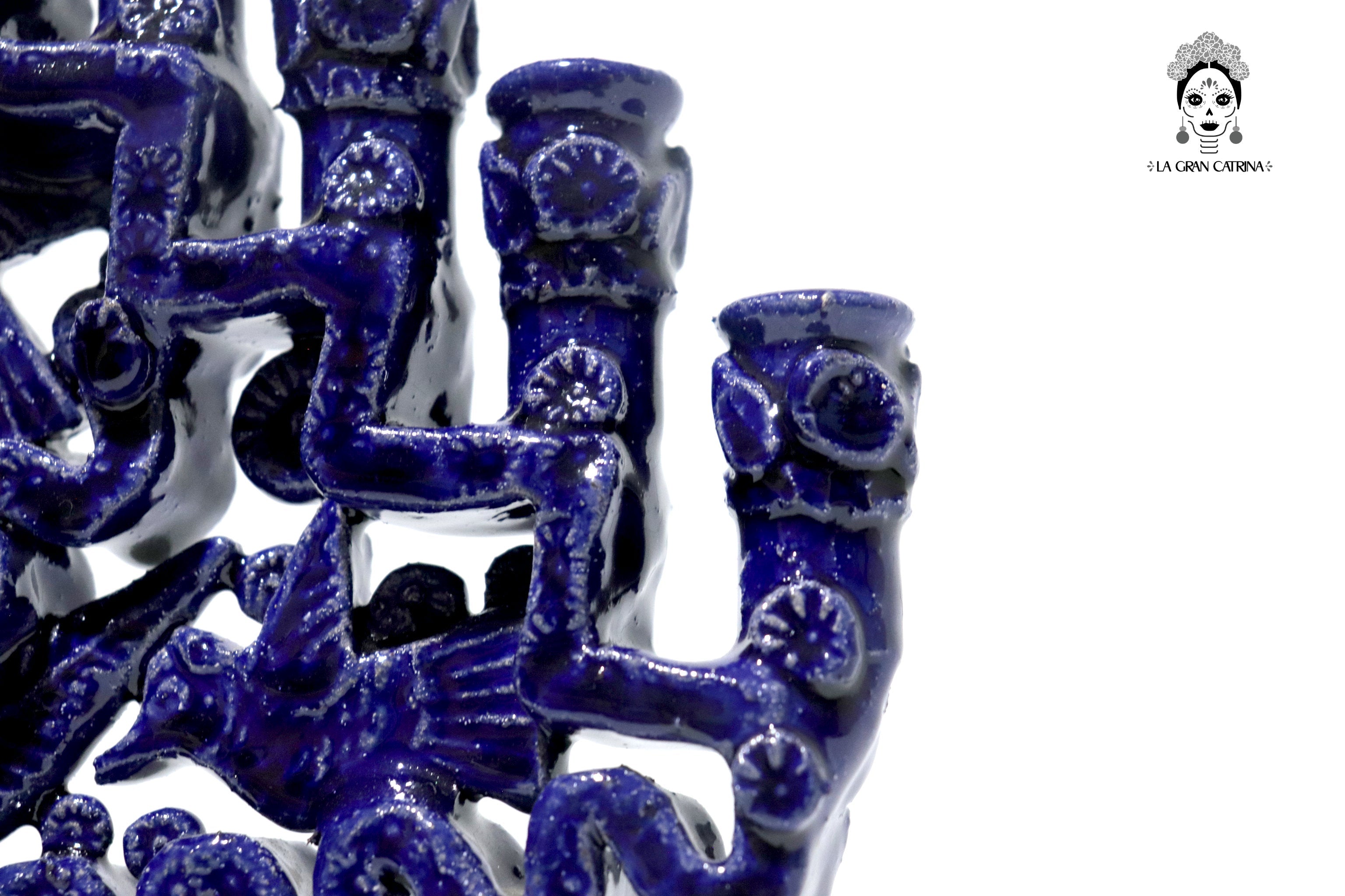 Candleholder Blue 11-Candle - Glazed Clay - 13 in. - in. Production Tereri