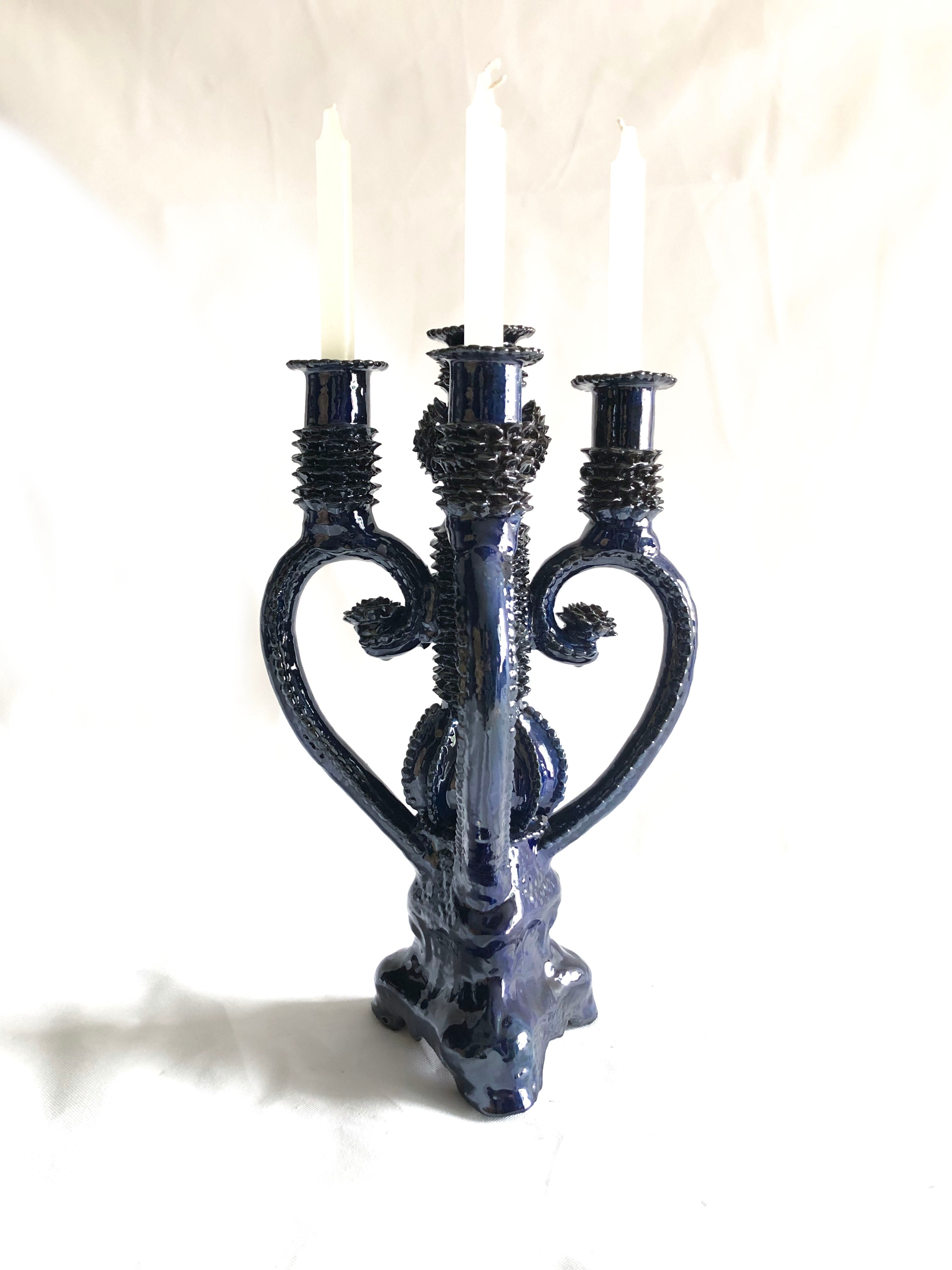 Candleholder Blue 4 candles - Glazed Clay - 18 in. Juan Gtz