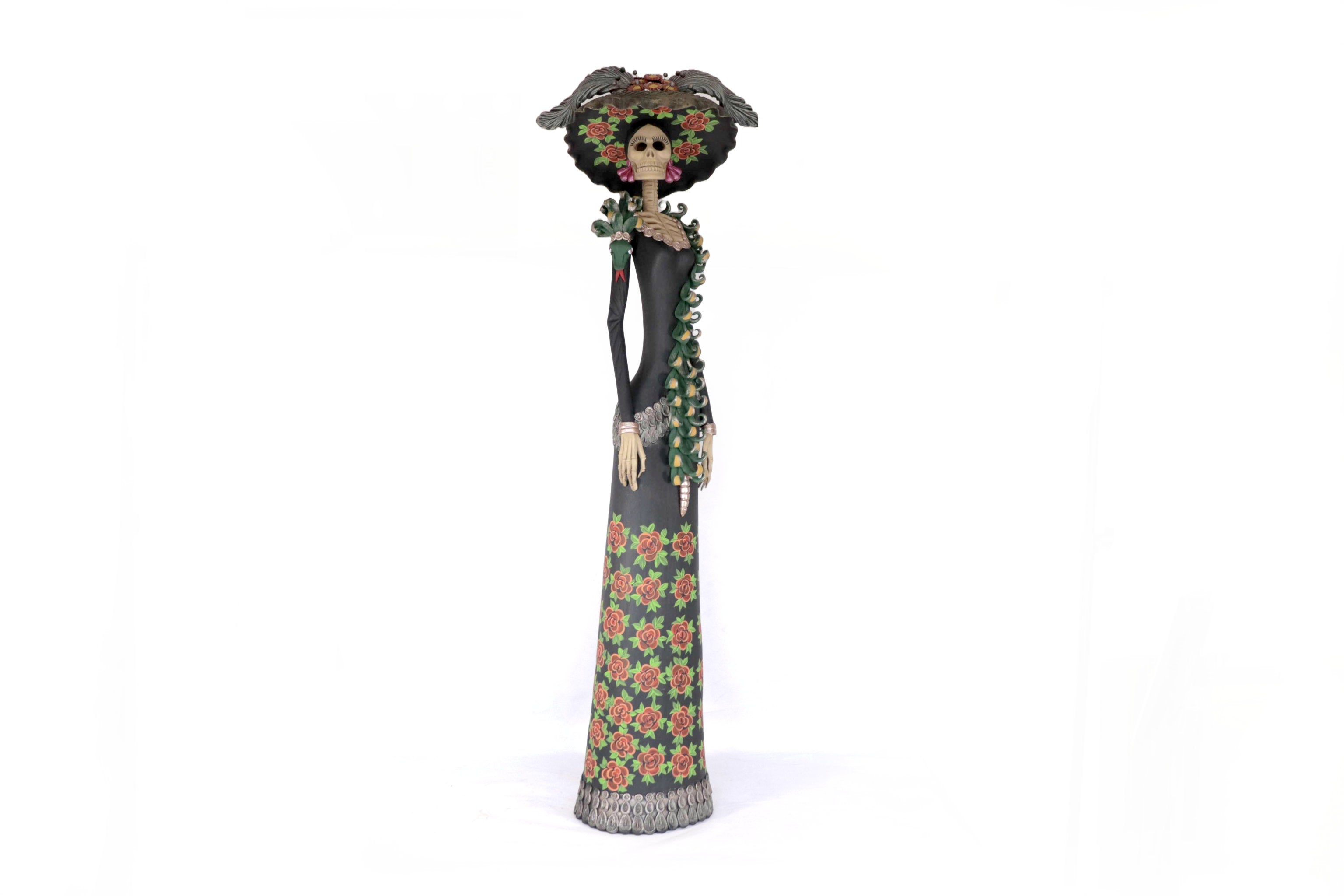 Catrina Garbancera vestida of red flowers - 40 in. - in. Production Adan