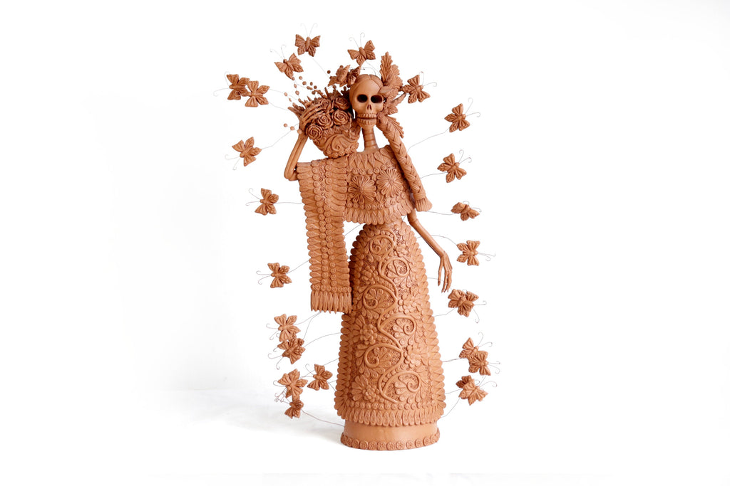 Handcrafted Clay Catrina with Flower Basket - 25.5 in. - in. Production Misael Jacobo