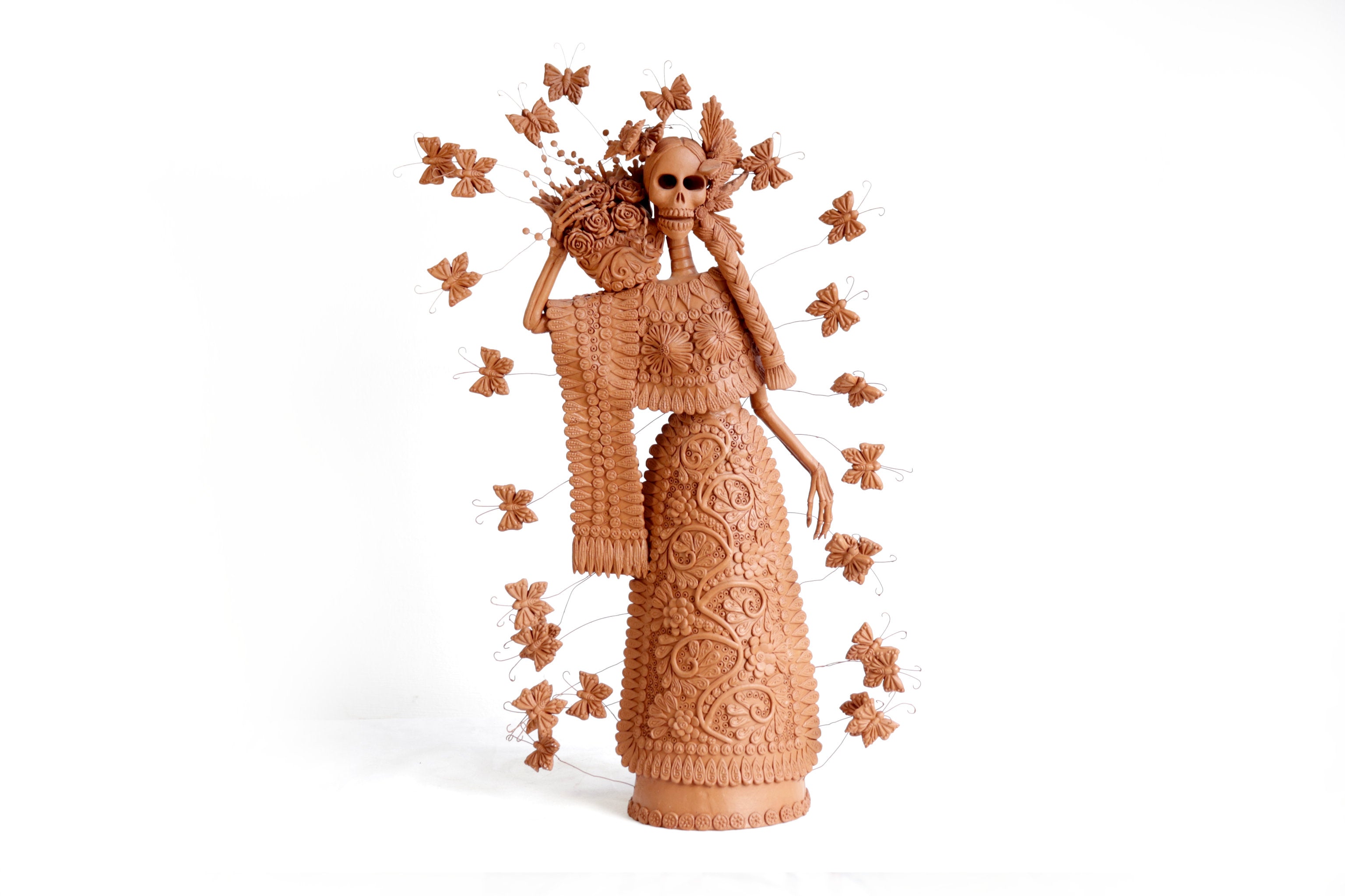 Handcrafted Clay Catrina with Flower Basket - 25.5 in. - in. Production Misael Jacobo