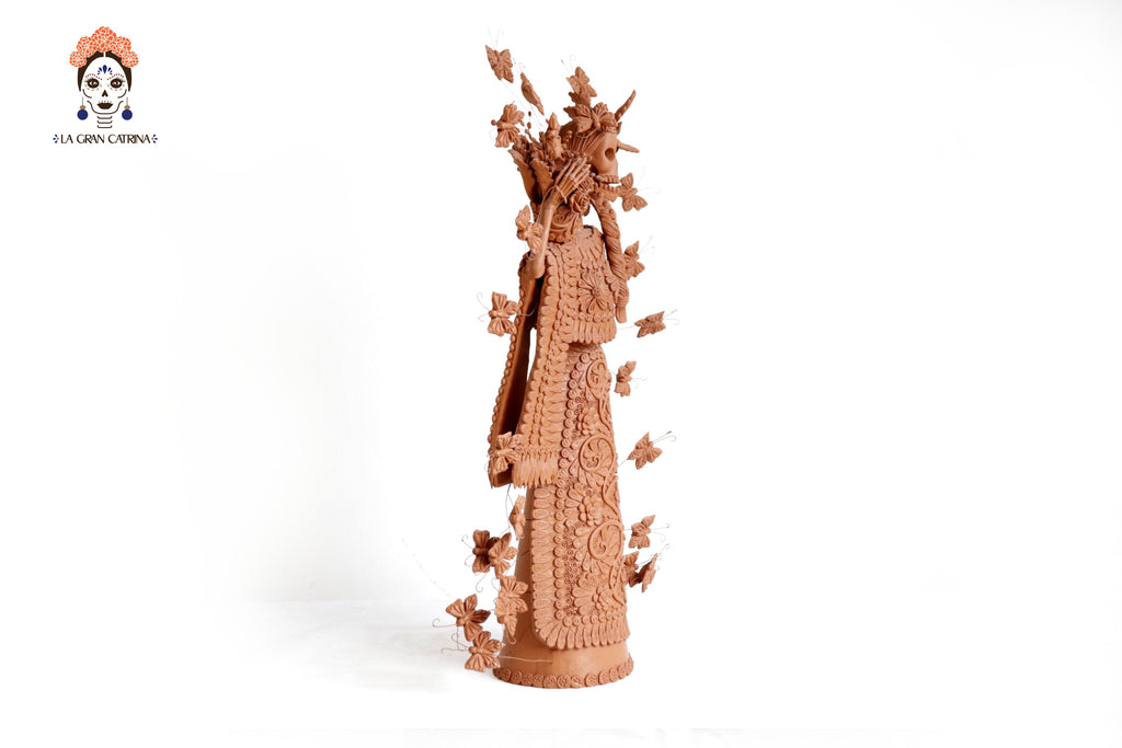 Handcrafted Clay Catrina with Flower Basket - 25.5 in. - in. Production Misael Jacobo