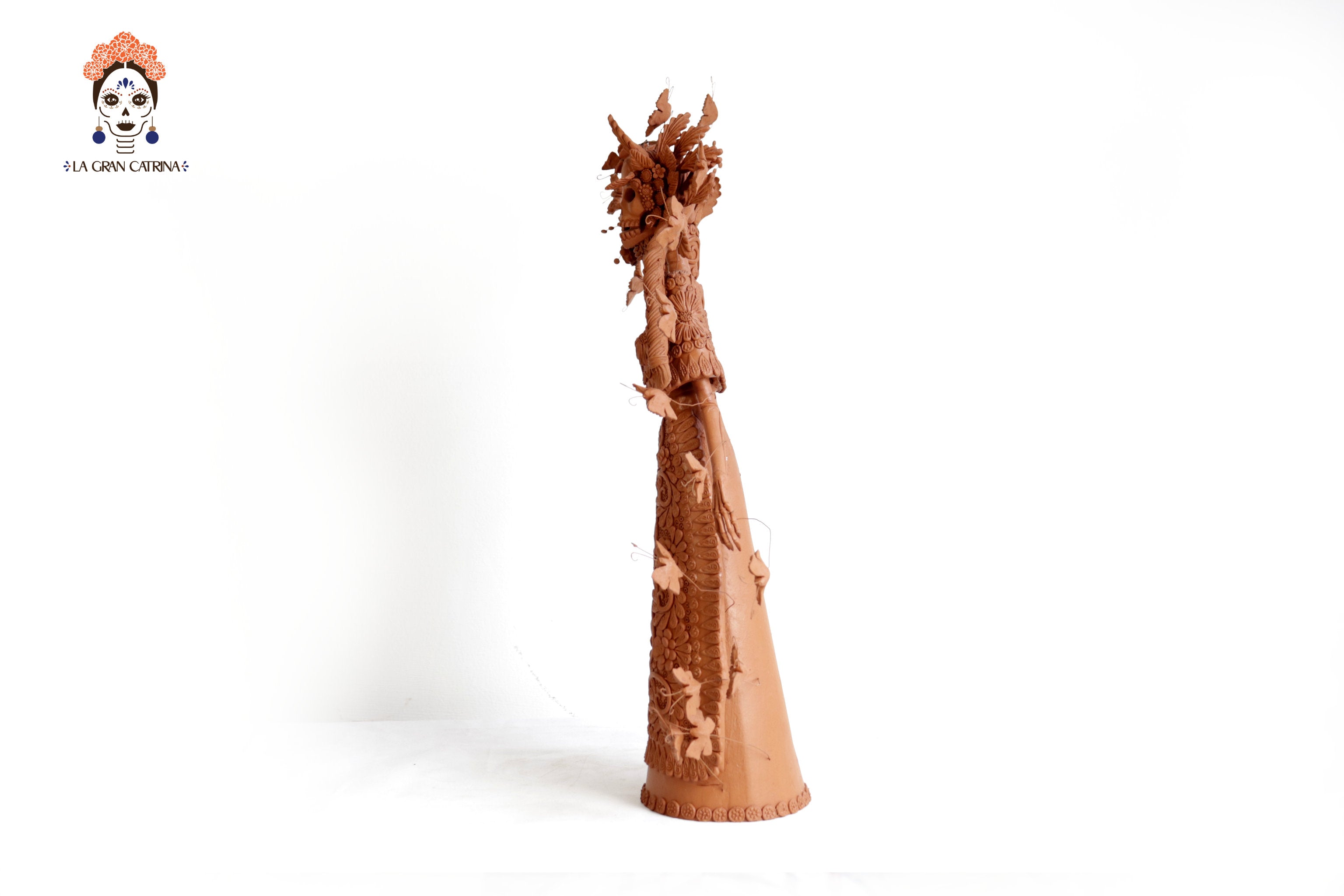 Handcrafted Clay Catrina with Flower Basket - 25.5 in. - in. Production Misael Jacobo
