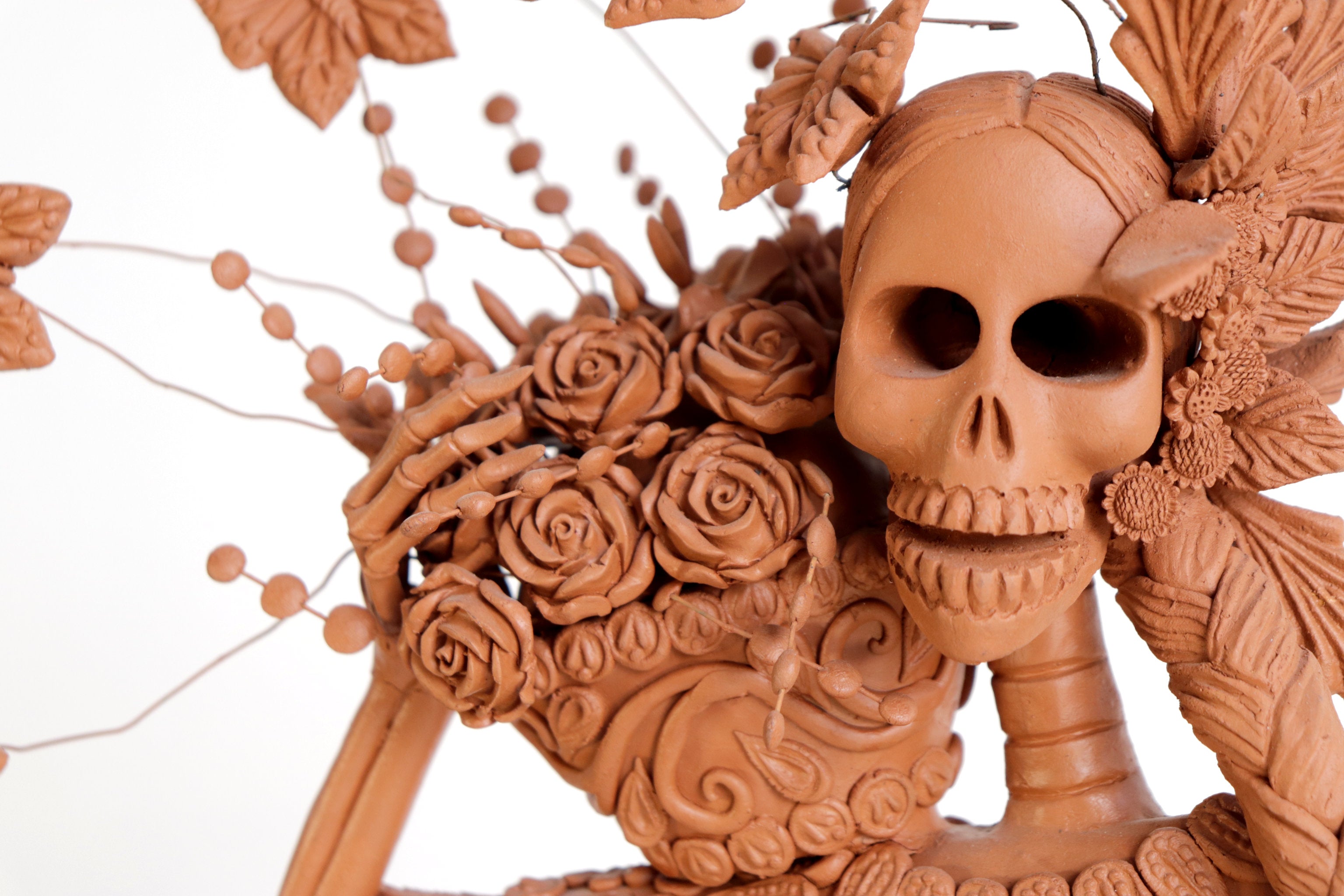 Handcrafted Clay Catrina with Flower Basket - 25.5 in. - in. Production Misael Jacobo