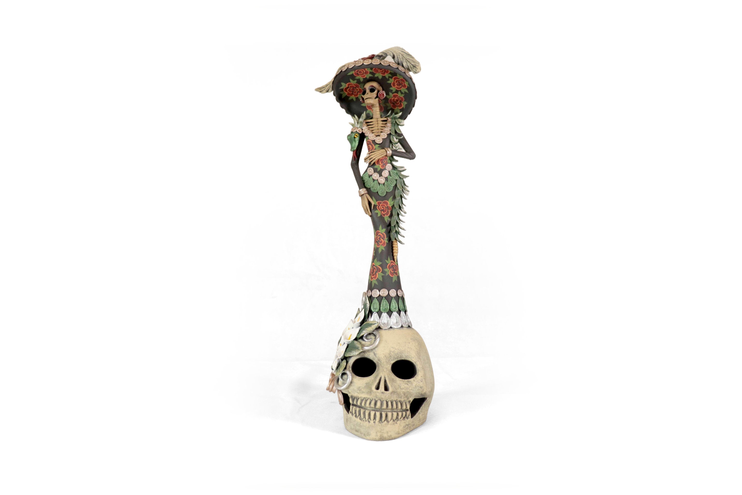 Catrina with red flowers on skull - 19 in. - in. Production Adan