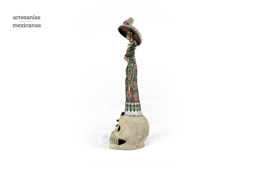 Catrina with red flowers on skull - 19 in. - in. Production Adan