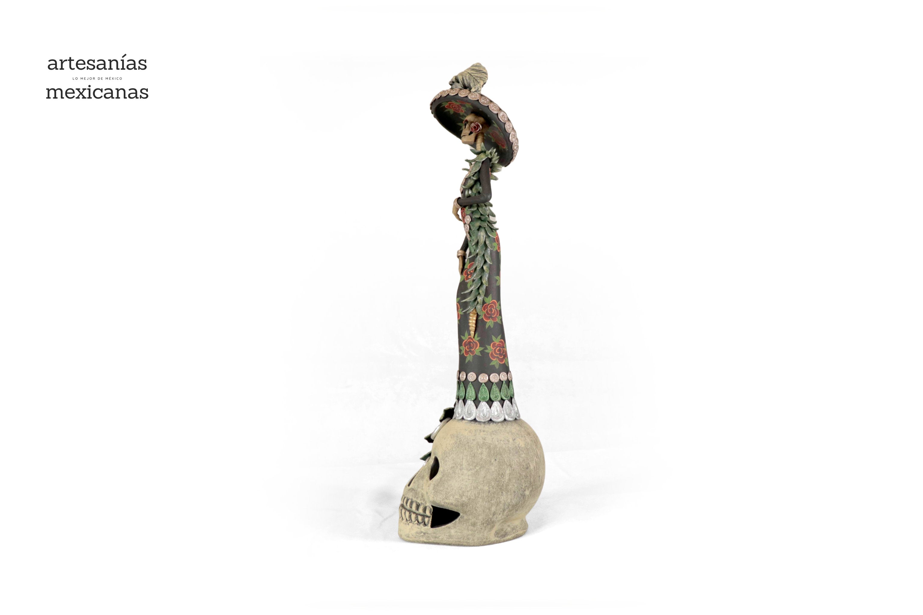 Catrina with red flowers on skull - 19 in. - in. Production Adan