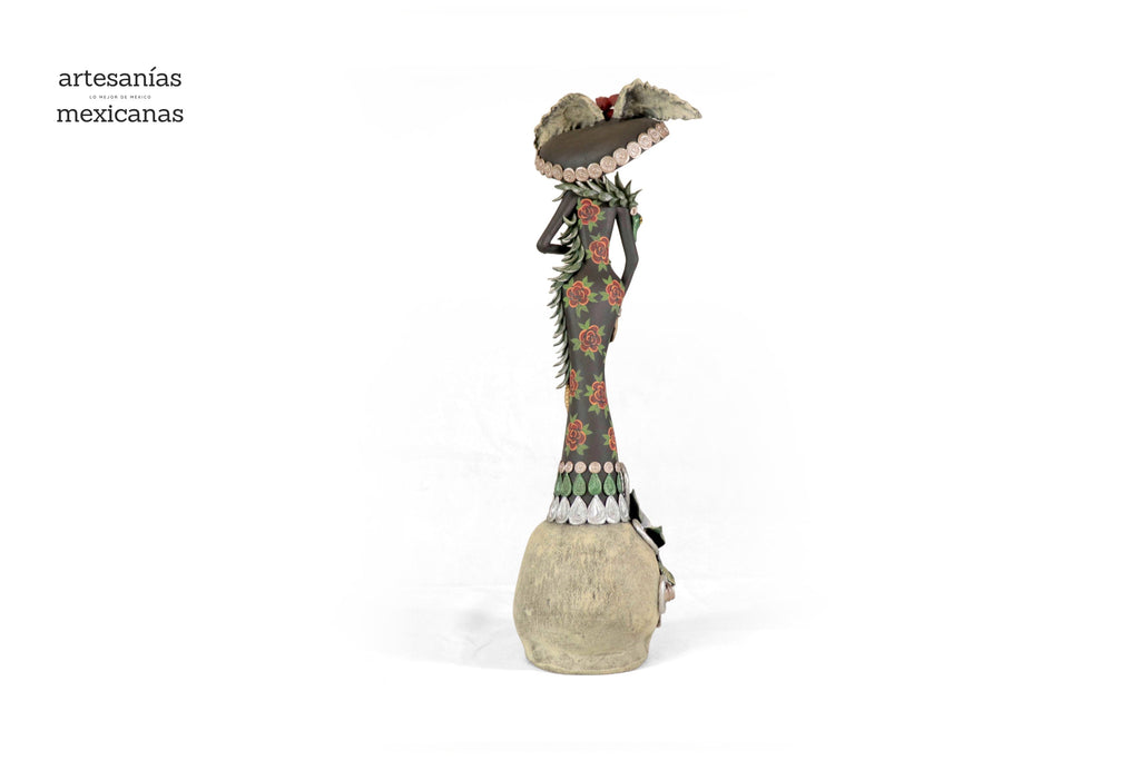 Catrina with red flowers on skull - 19 in. - in. Production Adan