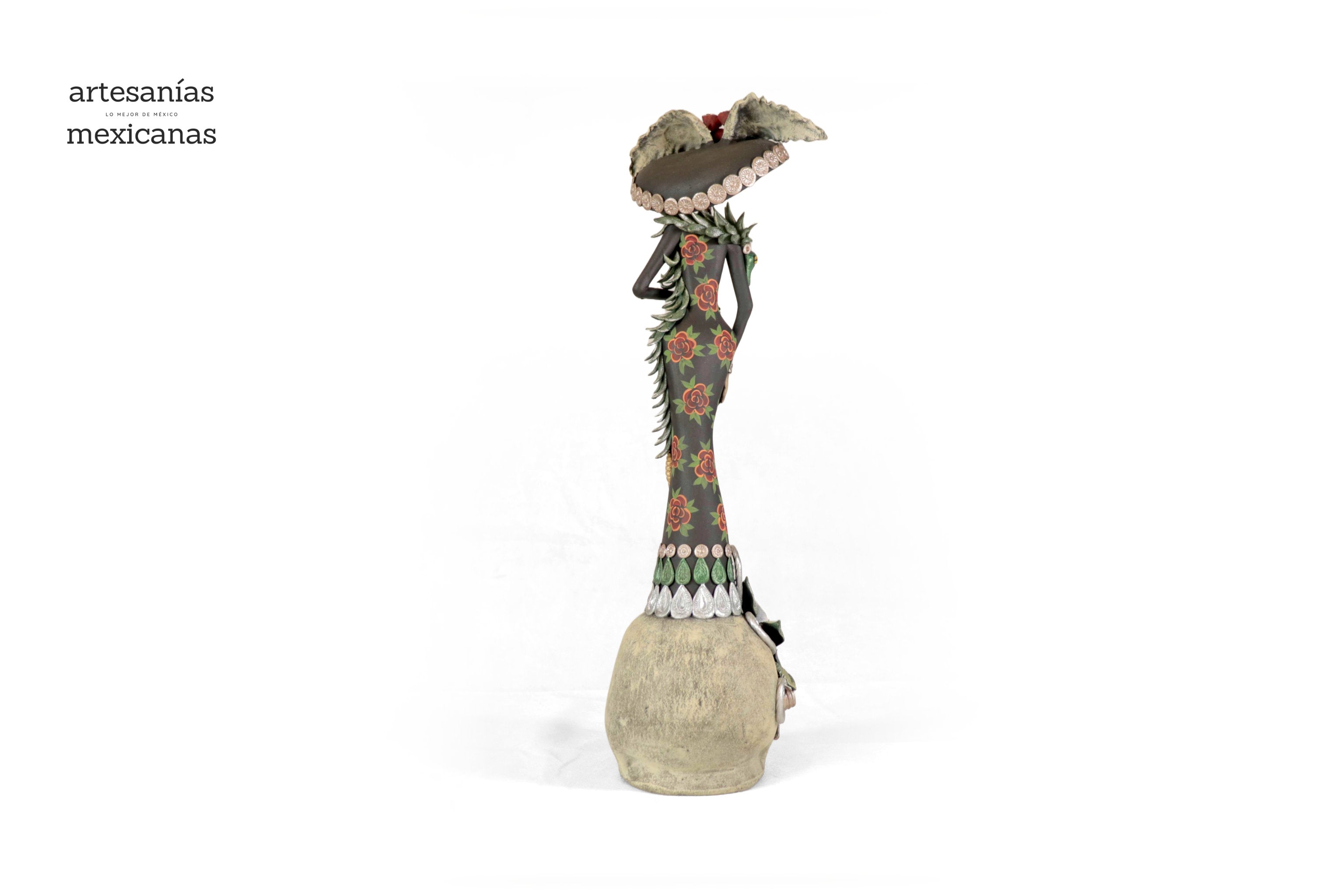 Catrina with red flowers on skull - 19 in. - in. Production Adan
