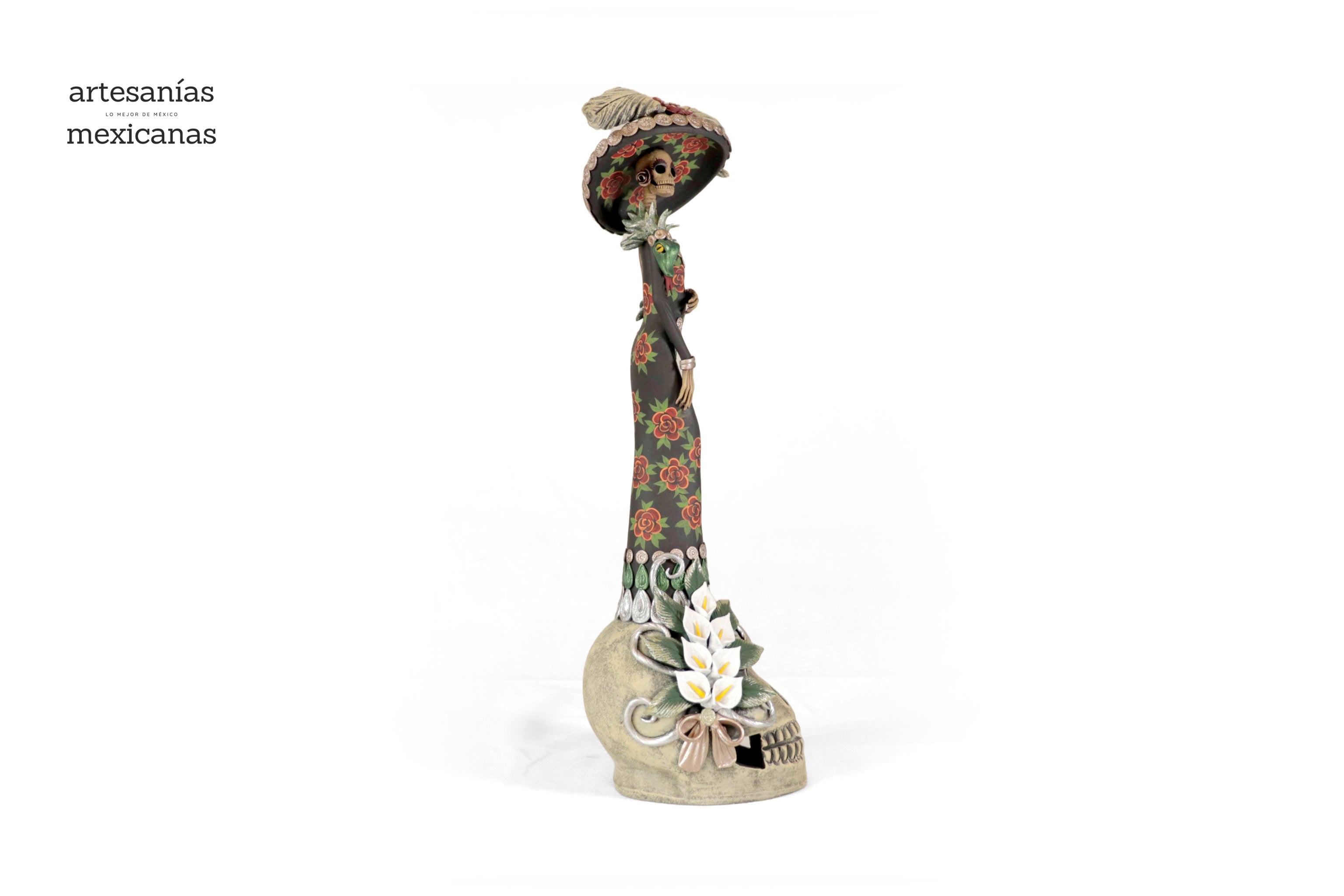 Catrina with red flowers on skull - 19 in. - in. Production Adan