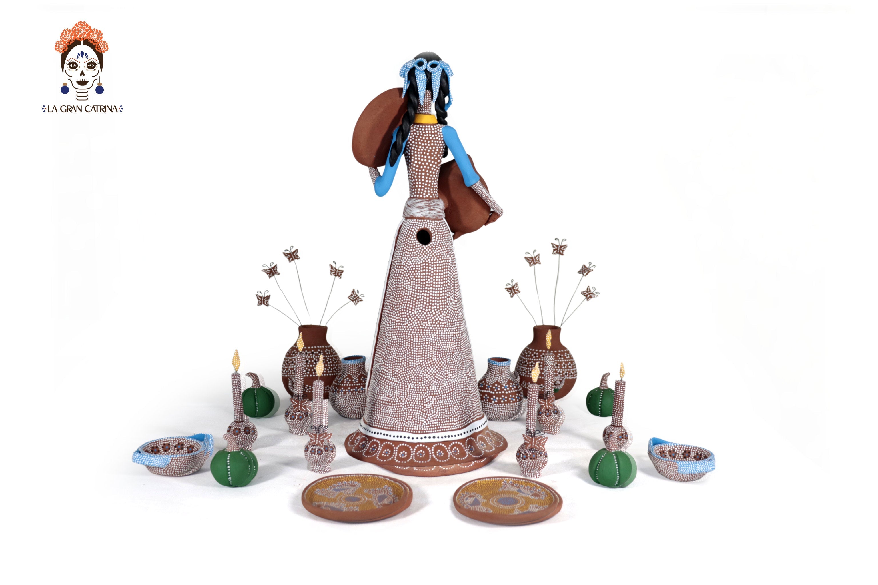 Catrina Punteada Ceremonial Clay and Set of Tallr - 15.3 in. Capula