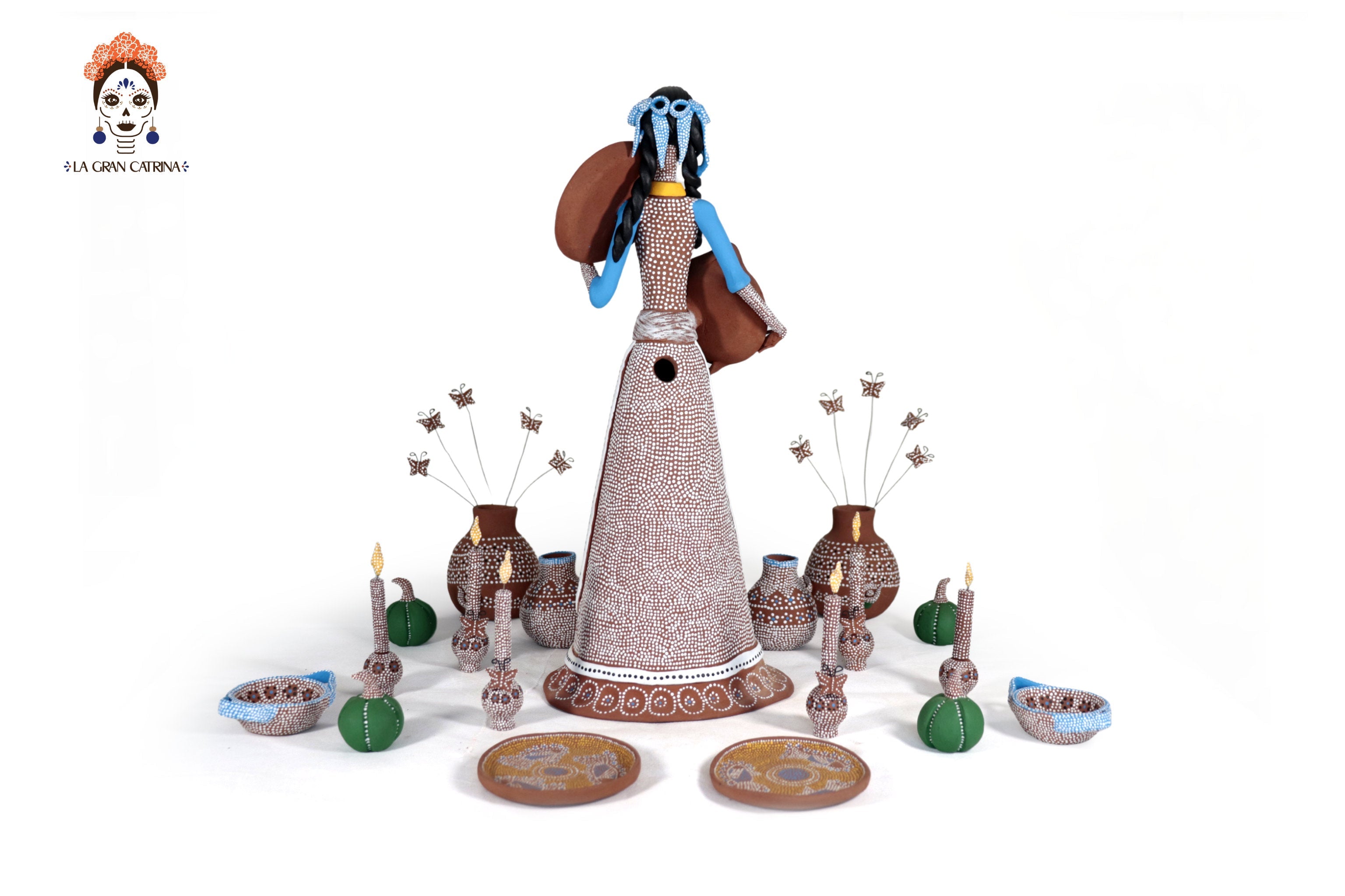 Catrina Punteada Ceremonial Clay and Set of Tallr - 15.3 in. Capula