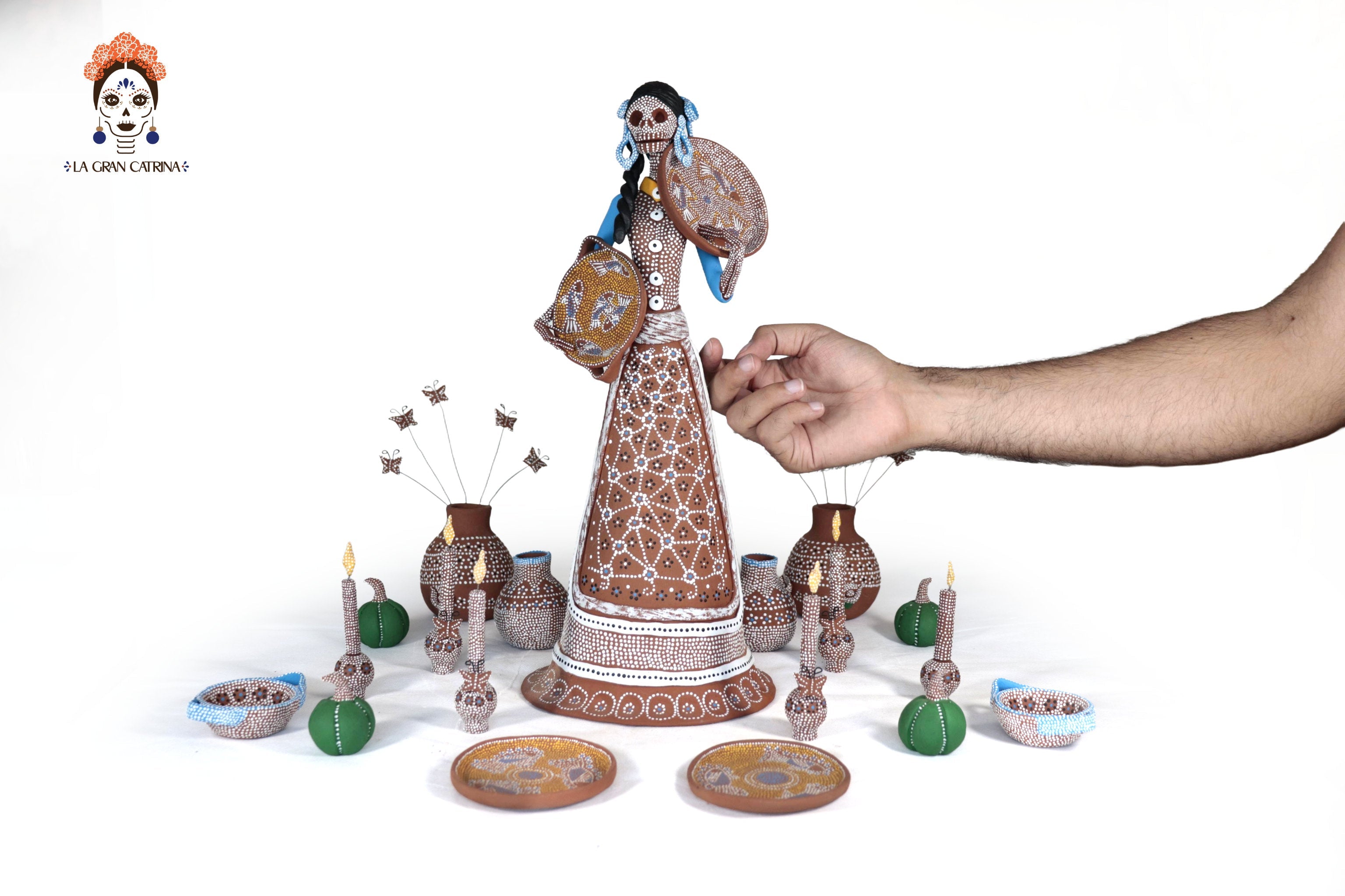 Catrina Punteada Ceremonial Clay and Set of Tallr - 15.3 in. Capula