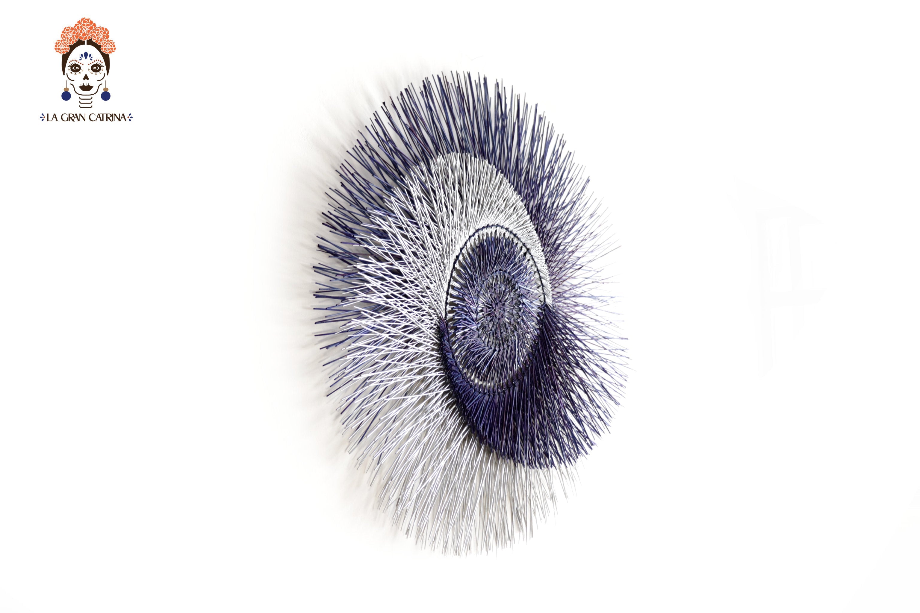 Large 40 in. hand-woven wheat straw wall circle, blue eclipse design with hammered ring