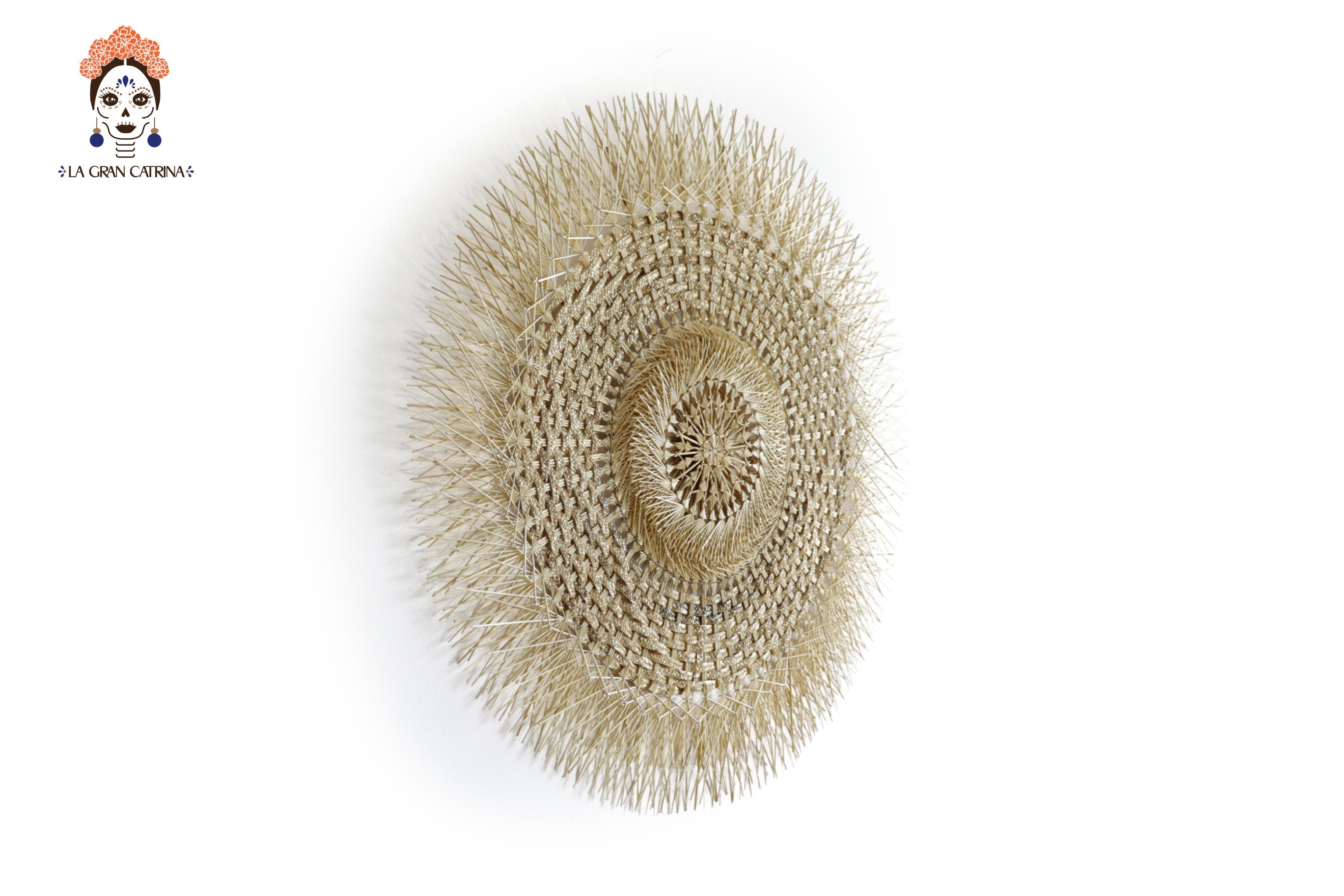 Large 40 in. hand-woven wheat straw wall circle, natural woven popotillo design, Michoacán folk art