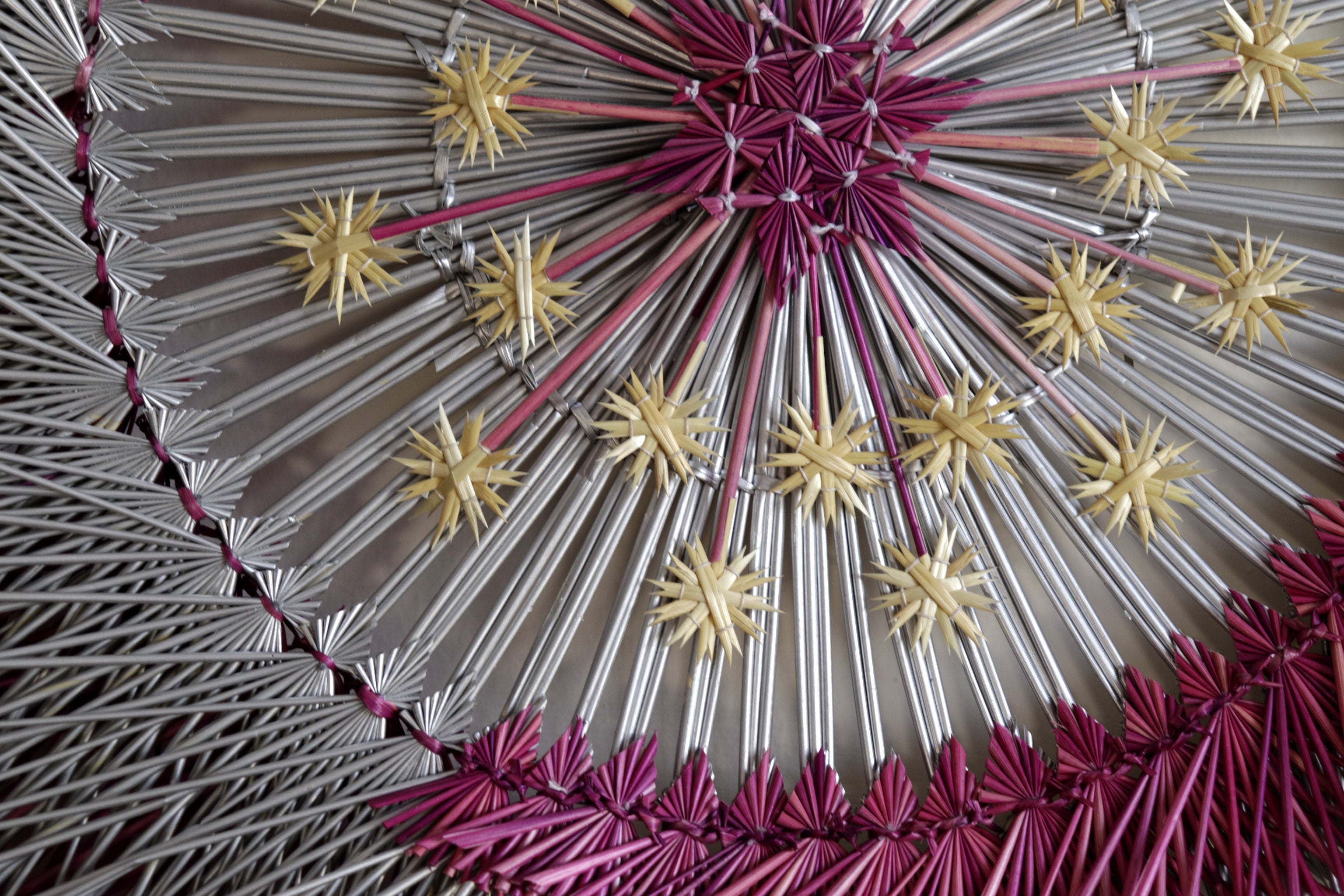 Large 40 in. hand-woven wheat straw wall circle, rose eclipse design with hammered ring