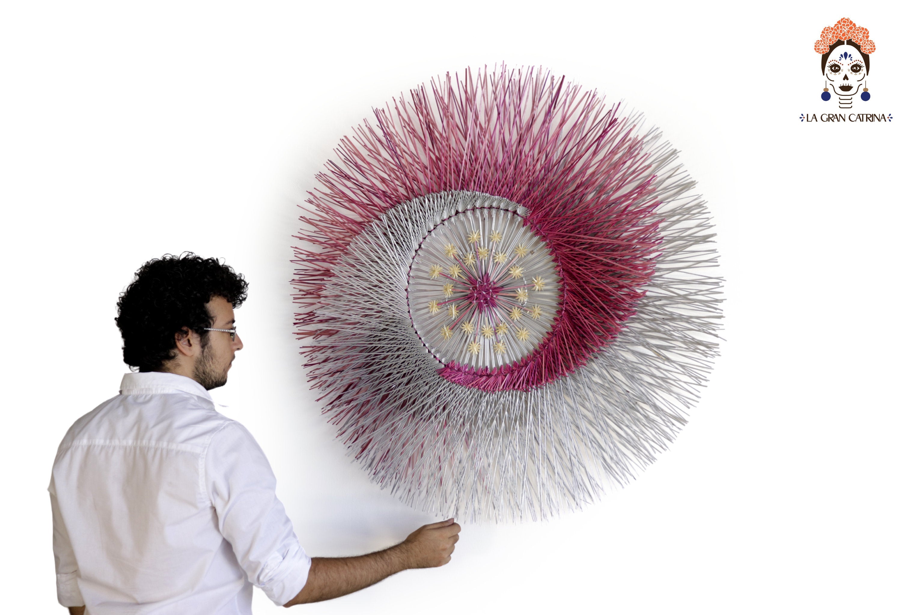Large 40 in. hand-woven wheat straw wall circle, rose eclipse design with hammered ring
