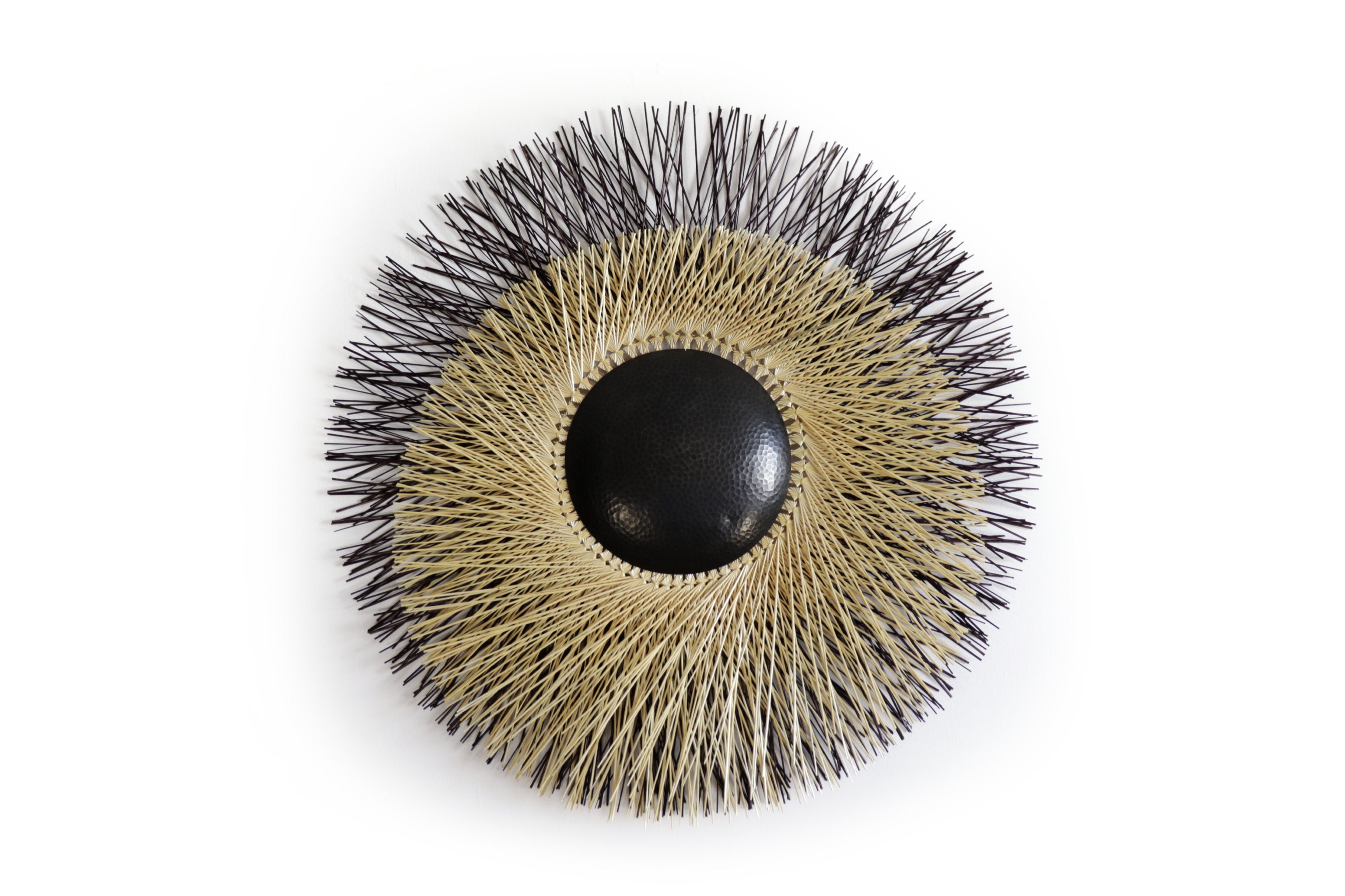 Large 40 in. hand-woven wheat straw wall circle, black eclipse design with hammered copper ring