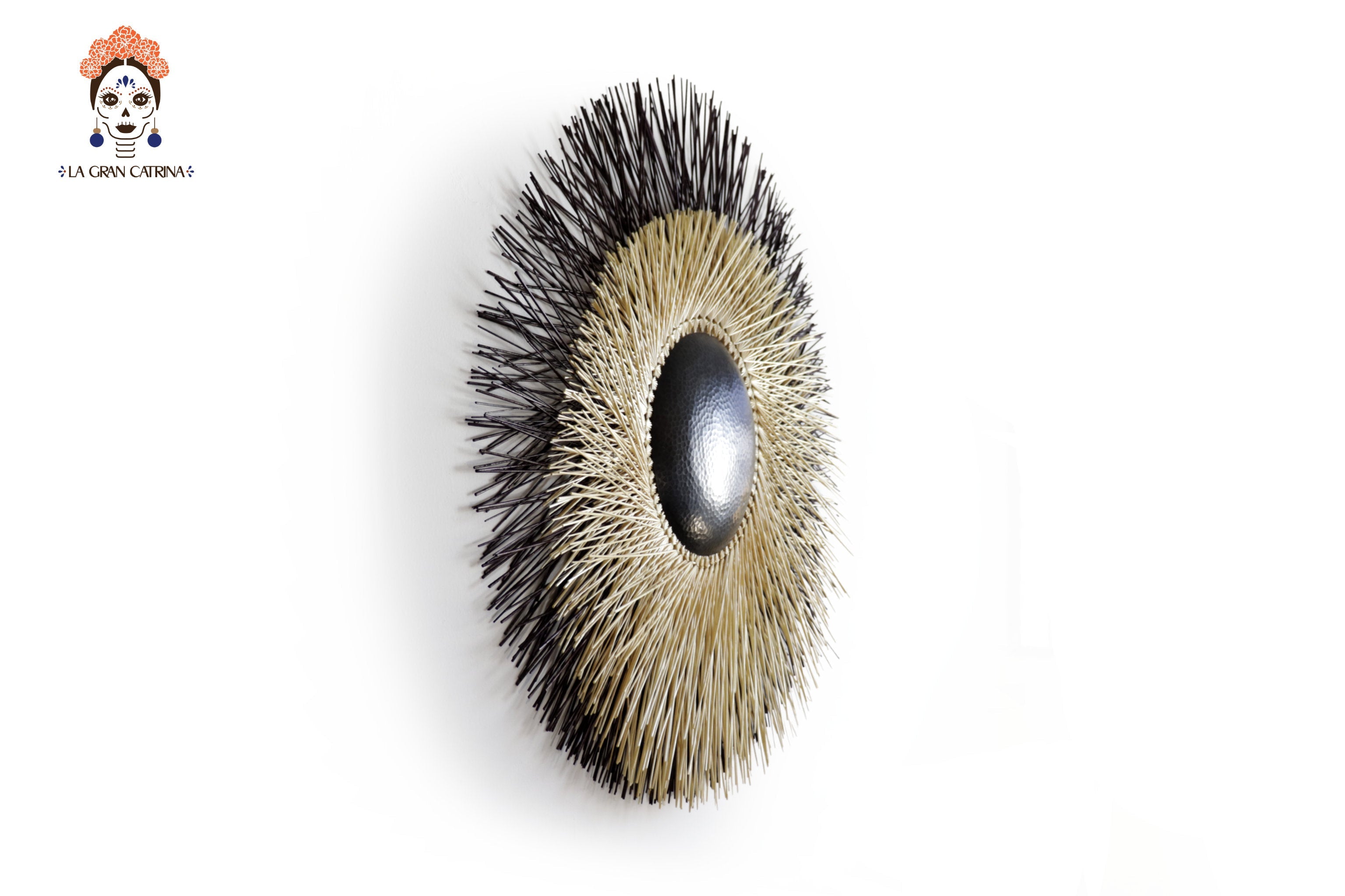 Large 40 in. hand-woven wheat straw wall circle, black eclipse design with hammered copper ring