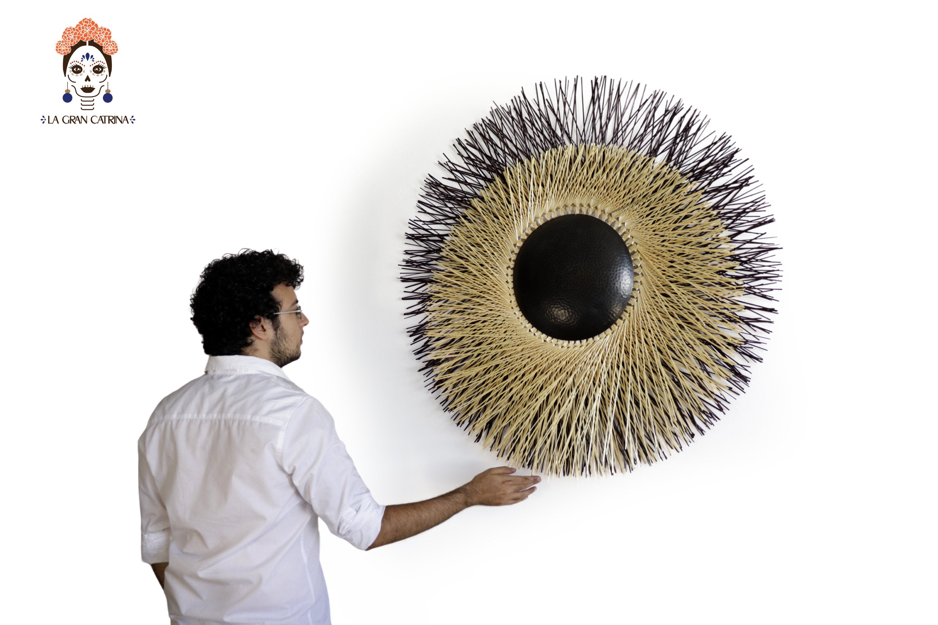 Large 40 in. hand-woven wheat straw wall circle, black eclipse design with hammered copper ring