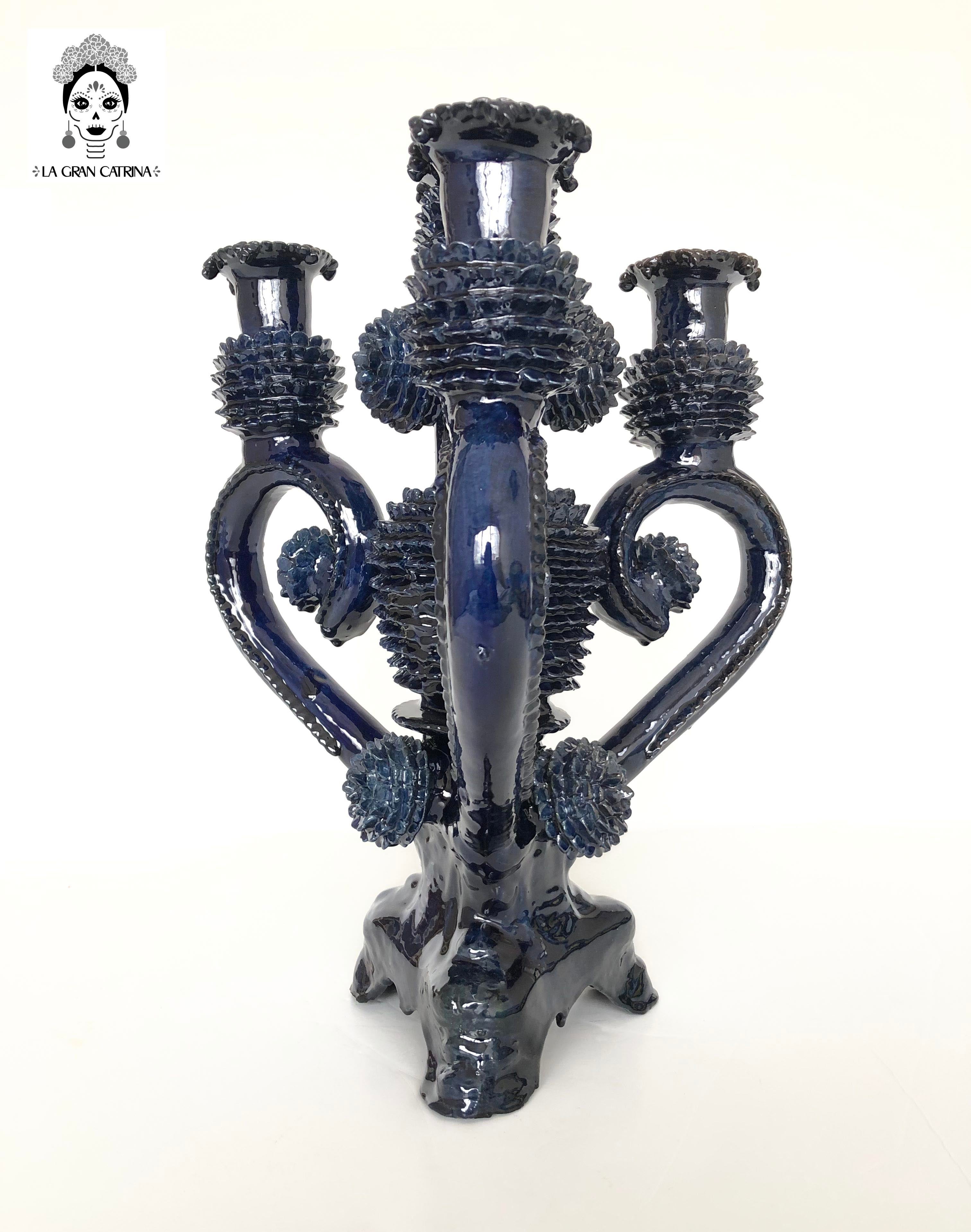 Candleholder Blue 4 candles - Glazed Clay - 16 in. - Made to Order 3+ Juan Gtz