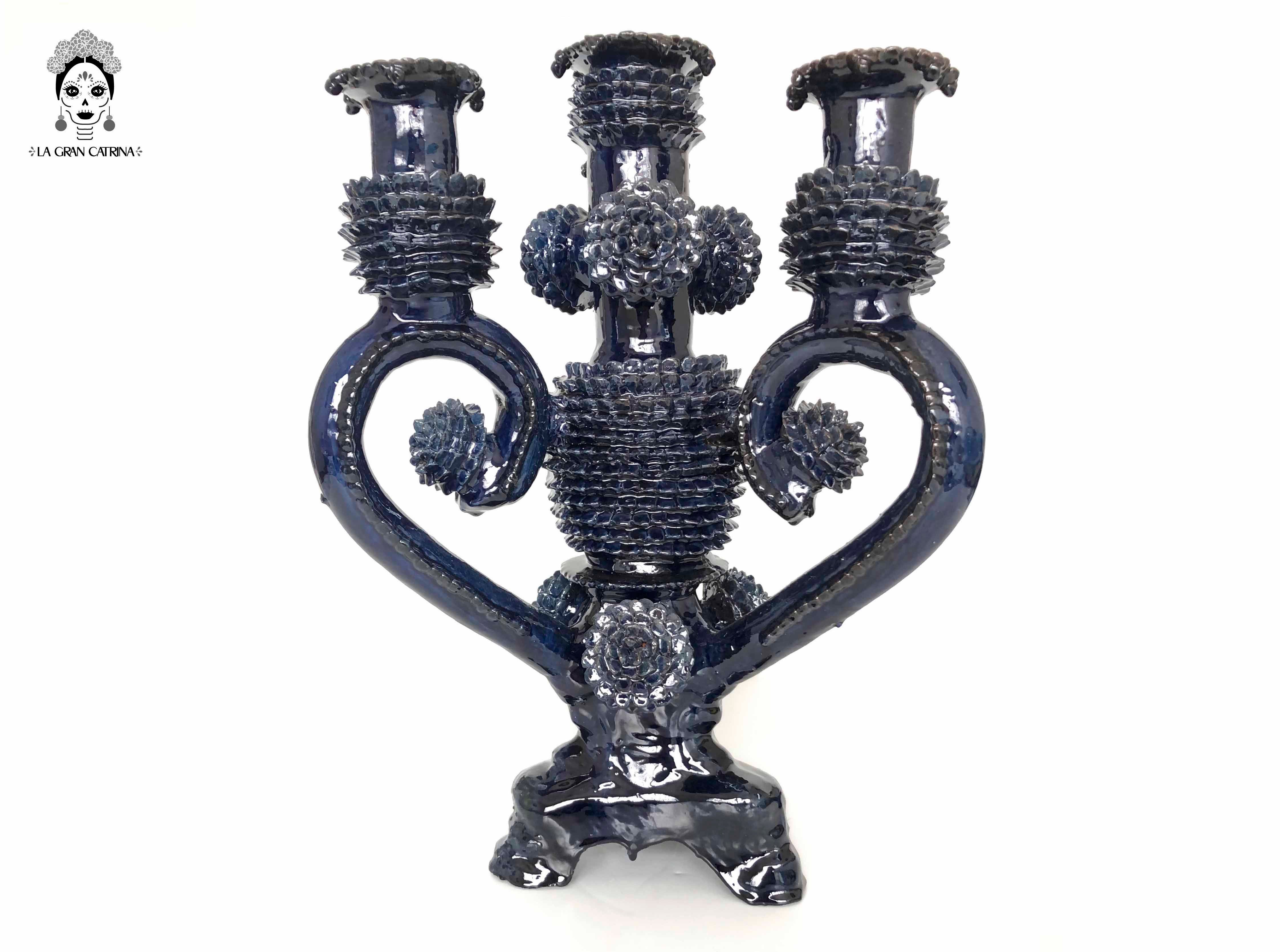 Candleholder Blue 4 candles - Glazed Clay - 16 in. - Made to Order 3+ Juan Gtz