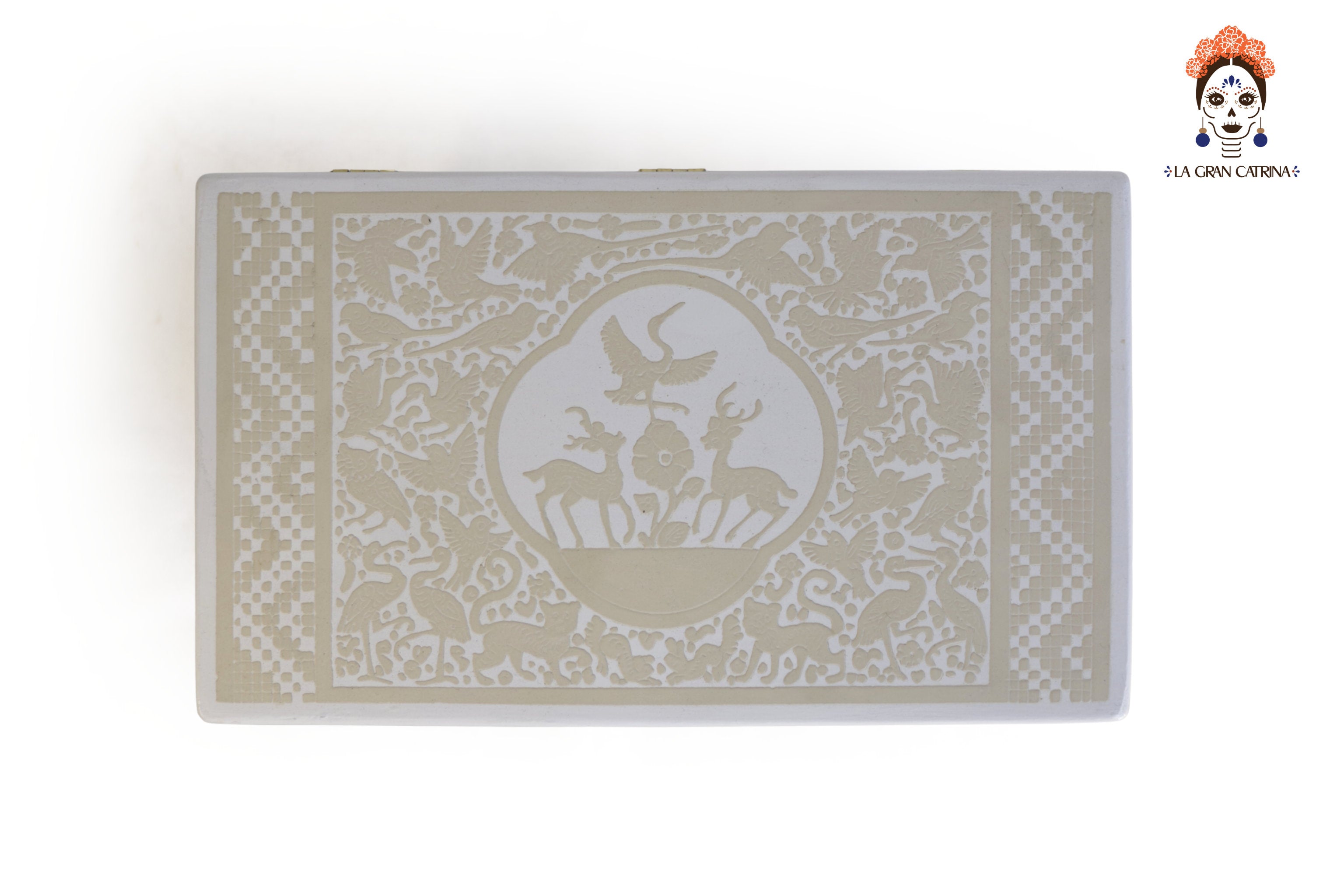 White Olinalá lacquerware artisan box with legs, sgraffito floral motifs, black and white finish