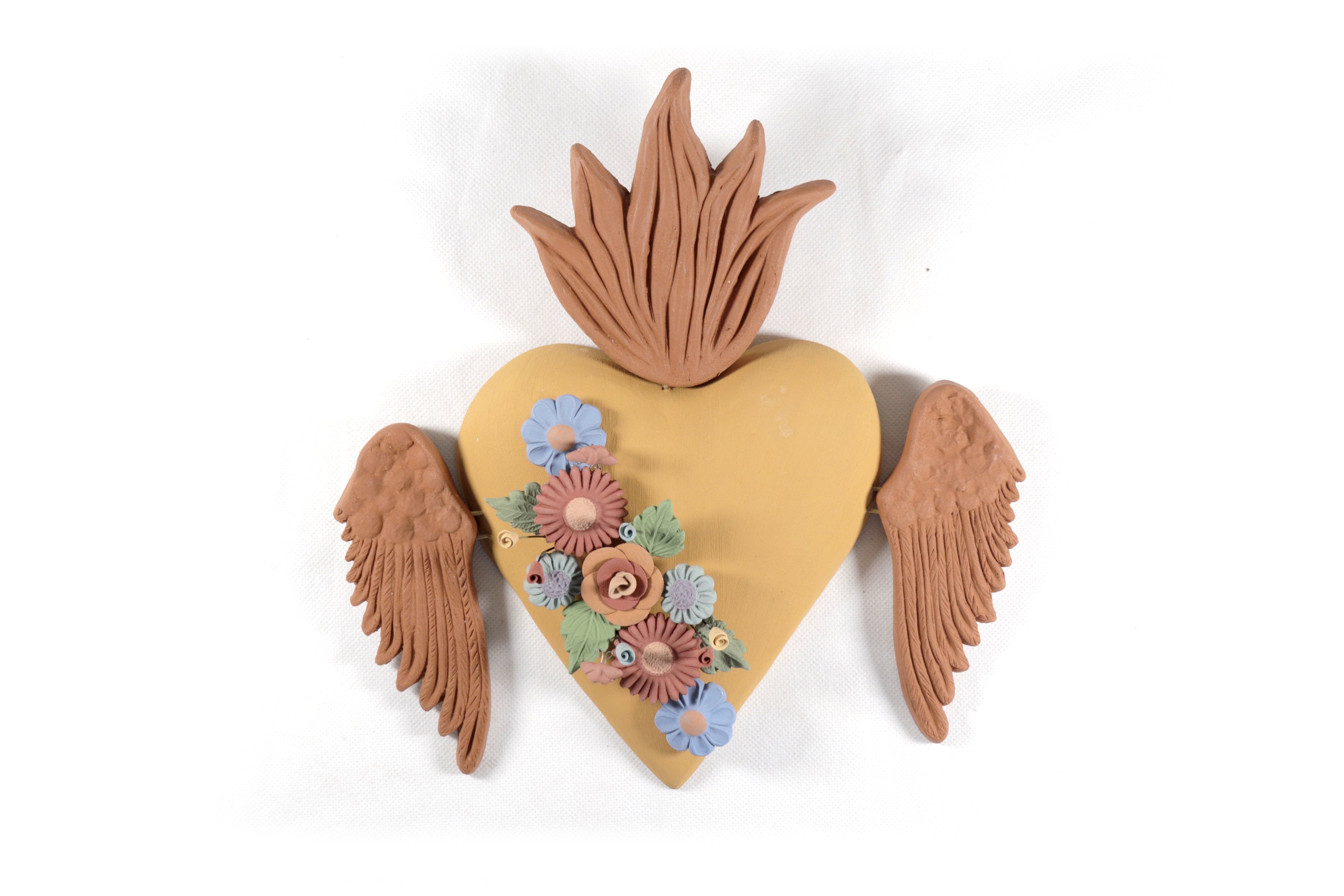 Handcrafted Winged Clay Heart with Flowers - 9.7 in. Cecilio