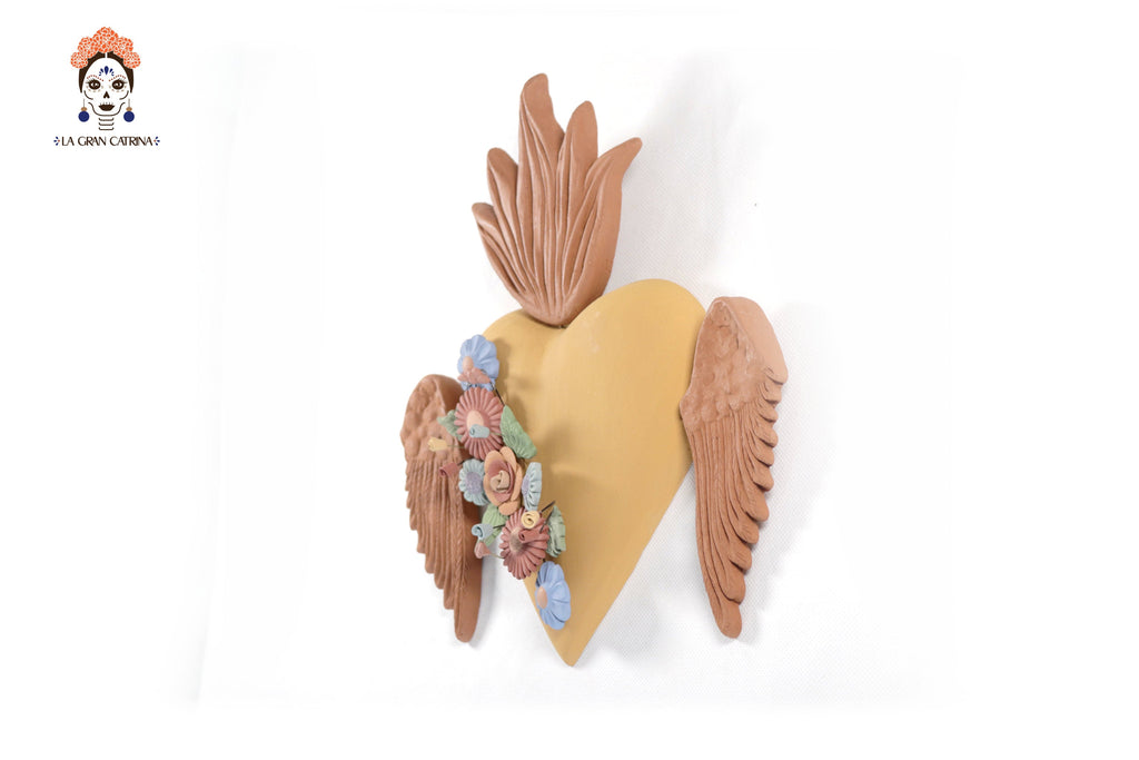 Handcrafted Winged Clay Heart with Flowers - 9.7 in. Cecilio