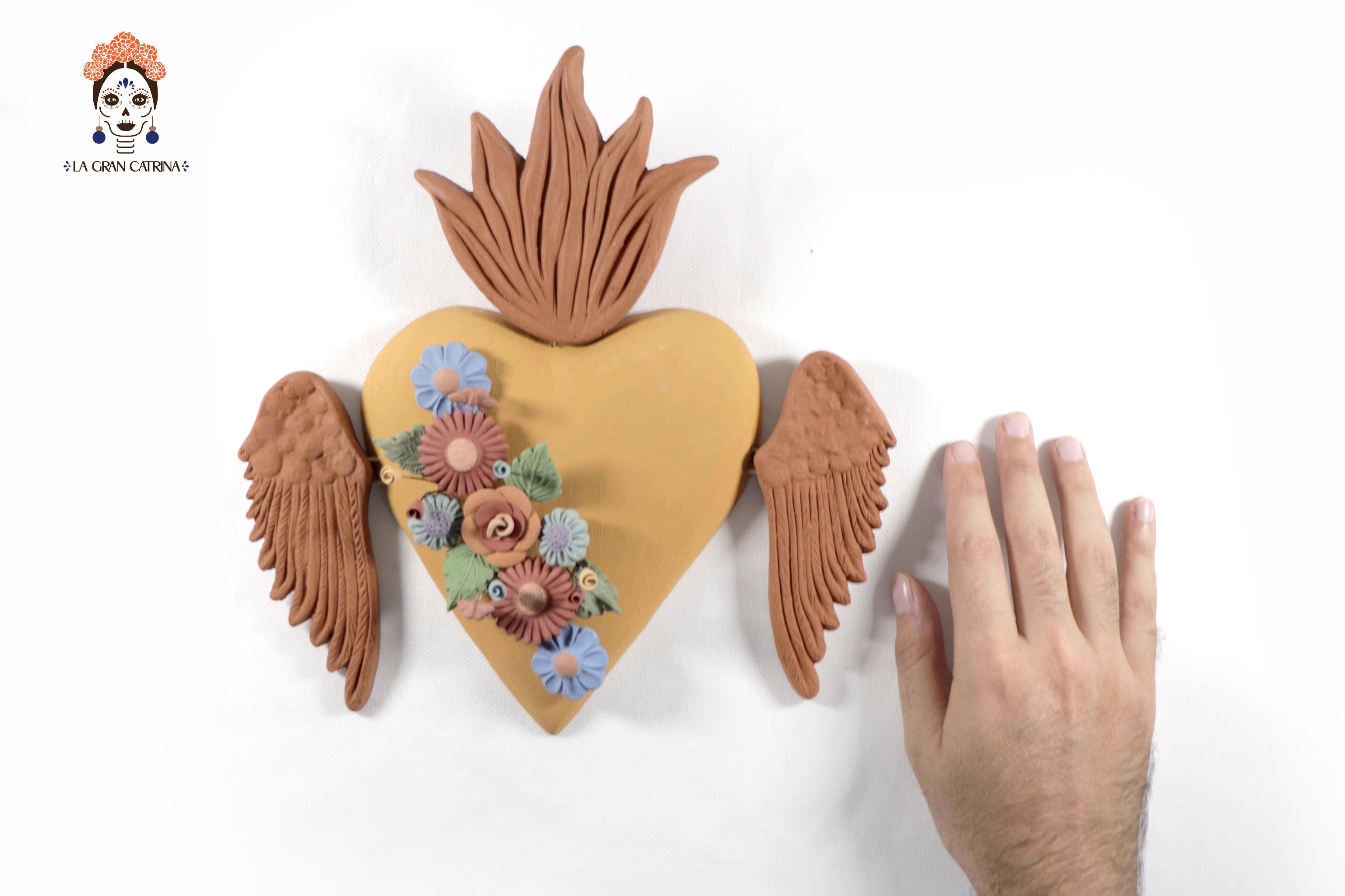 Handcrafted Winged Clay Heart with Flowers - 9.7 in. Cecilio