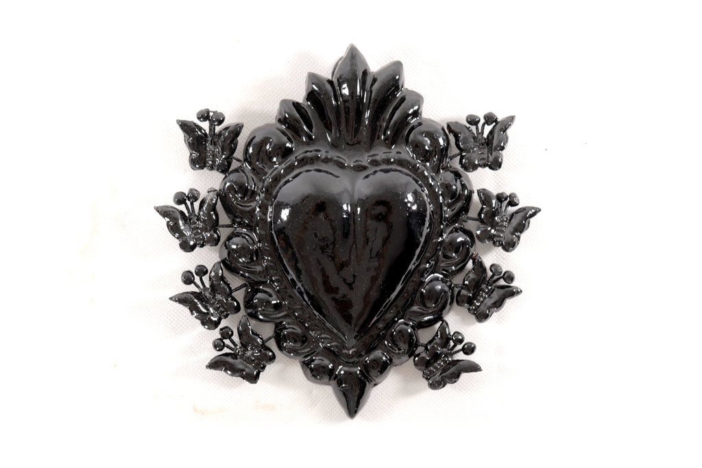 Glazed Clay Heart Black with Butterflies - 6.6 in. - in. Production Tiru