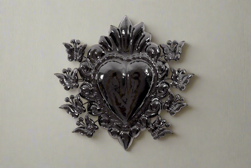 Glazed Clay Heart Black with Butterflies - 6.6 in. - in. Production Tiru