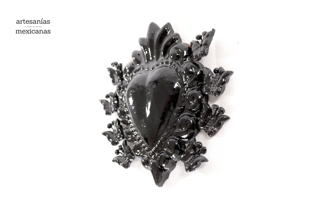 Glazed Clay Heart Black with Butterflies - 6.6 in. - in. Production Tiru