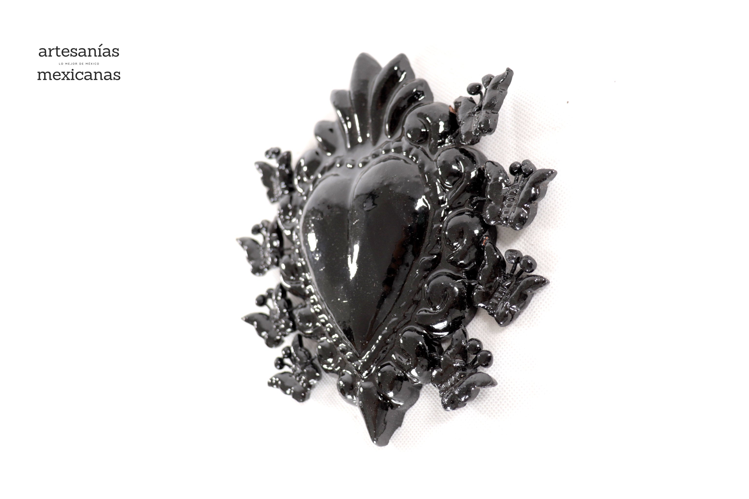 Glazed Clay Heart Black with Butterflies - 6.6 in. - in. Production Tiru