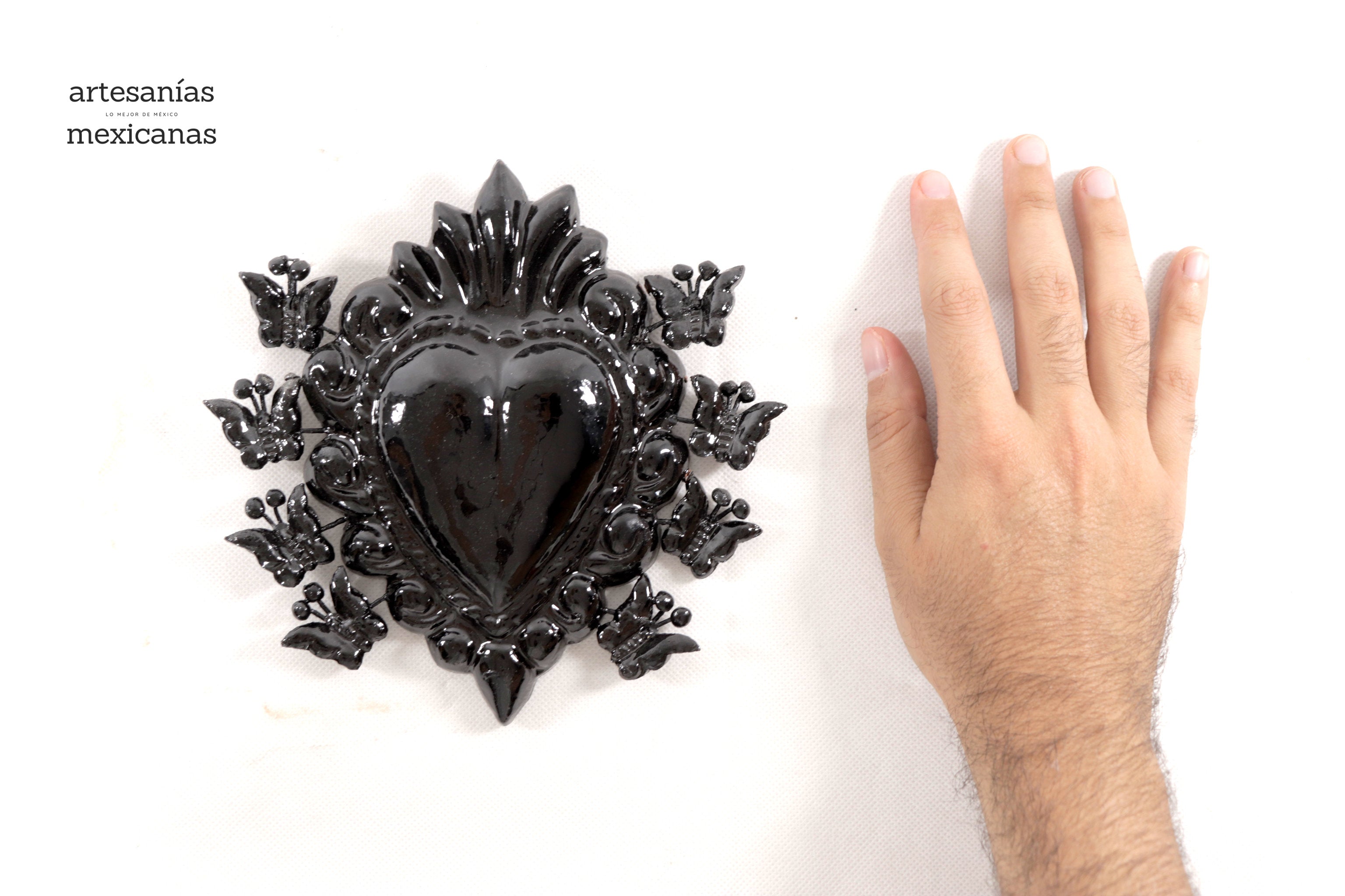 Glazed Clay Heart Black with Butterflies - 6.6 in. - in. Production Tiru