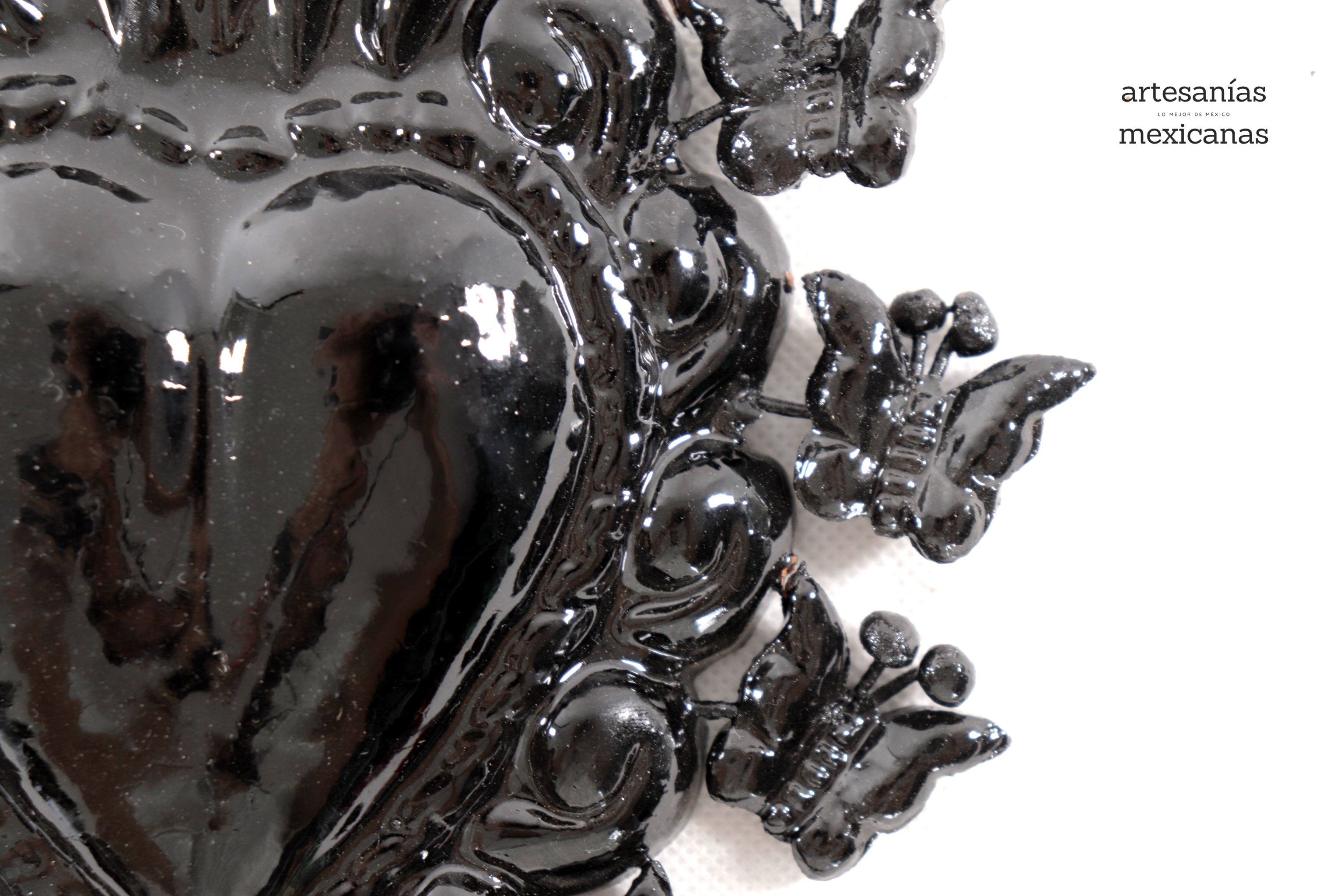Glazed Clay Heart Black with Butterflies - 6.6 in. - in. Production Tiru