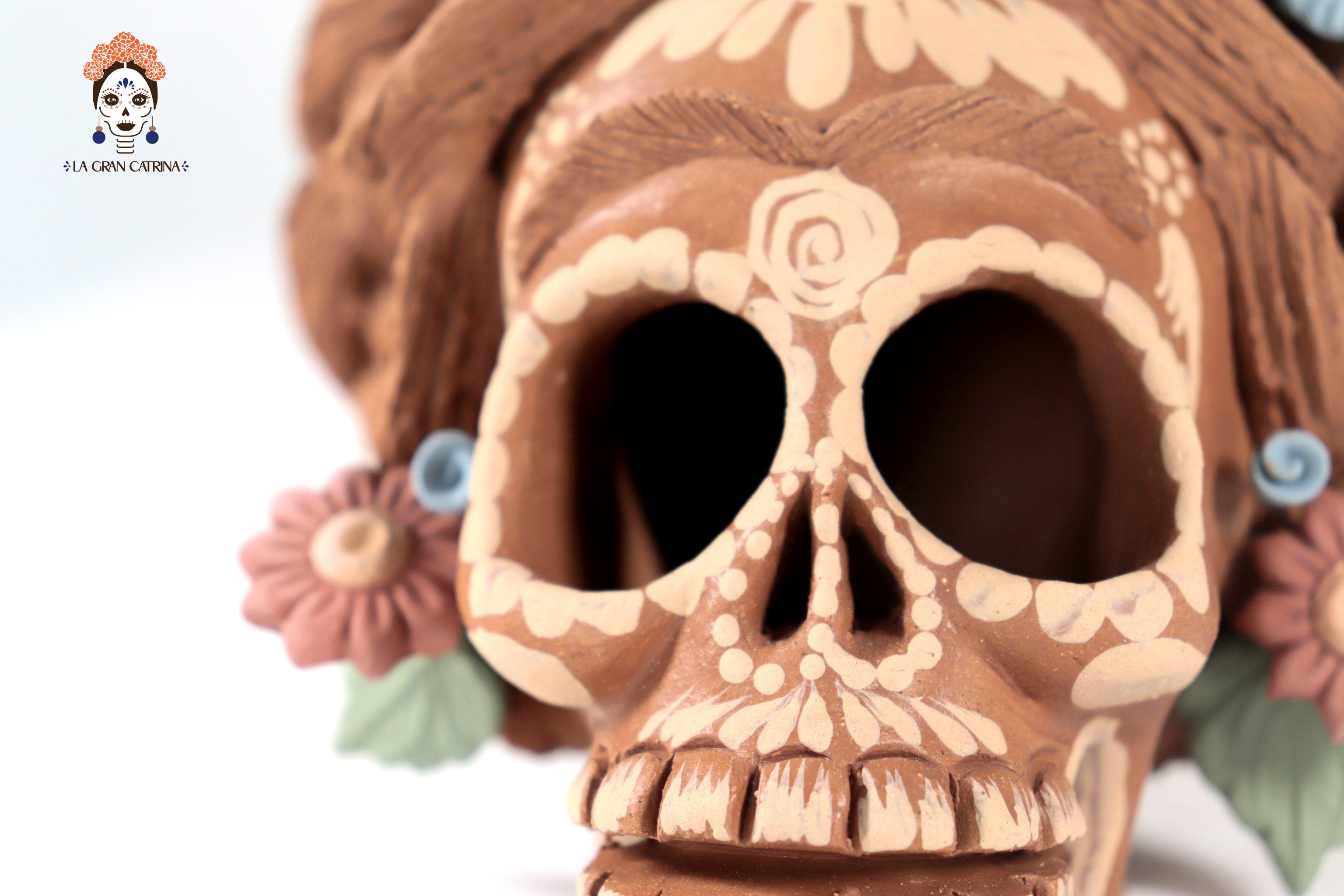 Frida Kahlo Style Skull with Flowers and trenzas - 5.1 in. Cecilio