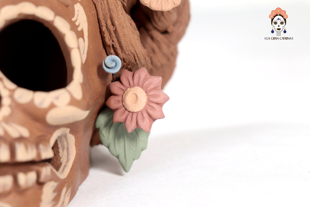 Frida Kahlo Style Skull with Flowers and trenzas - 5.1 in. Cecilio